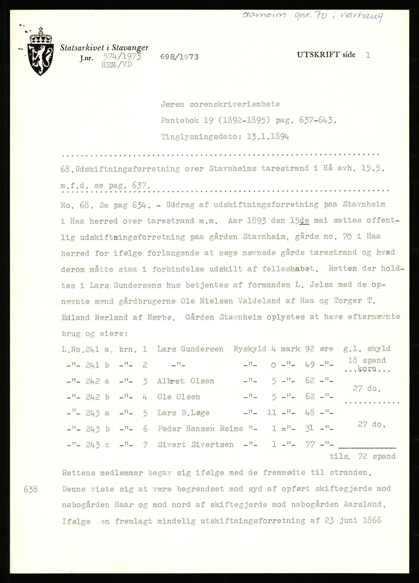 Statsarkivet i Stavanger, AV/SAST-A-101971/03/Y/Yj/L0080: Avskrifter sortert etter gårdsnavn: Stave - Stokke, 1750-1930, p. 218