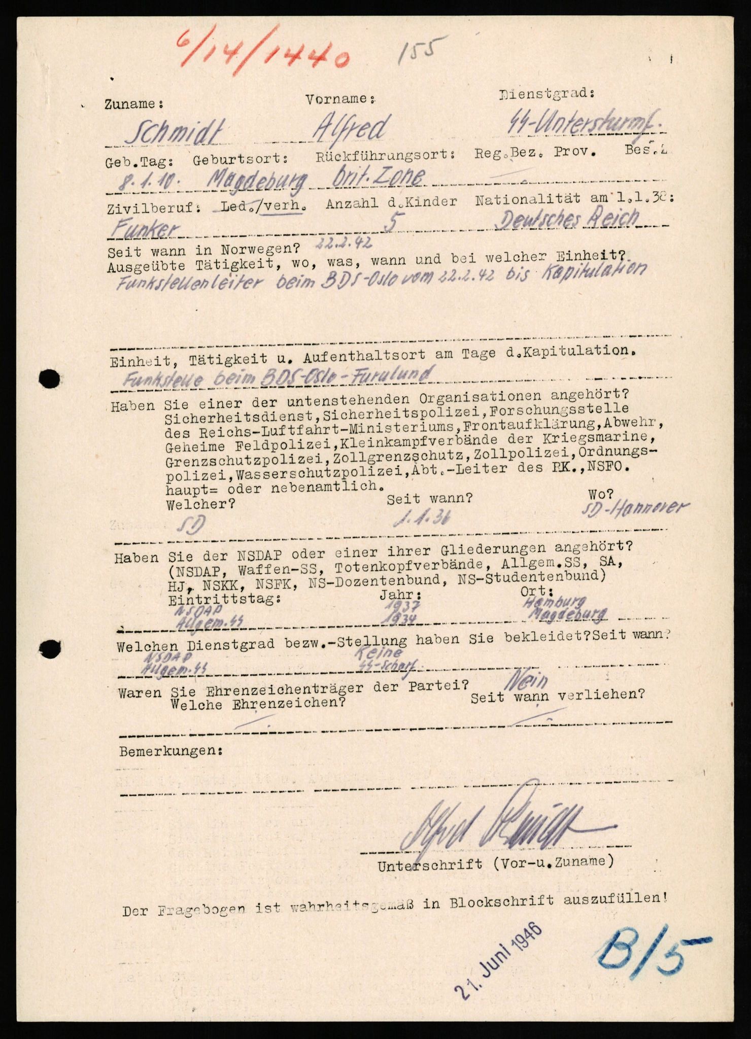 Forsvaret, Forsvarets overkommando II, AV/RA-RAFA-3915/D/Db/L0029: CI Questionaires. Tyske okkupasjonsstyrker i Norge. Tyskere., 1945-1946, p. 353