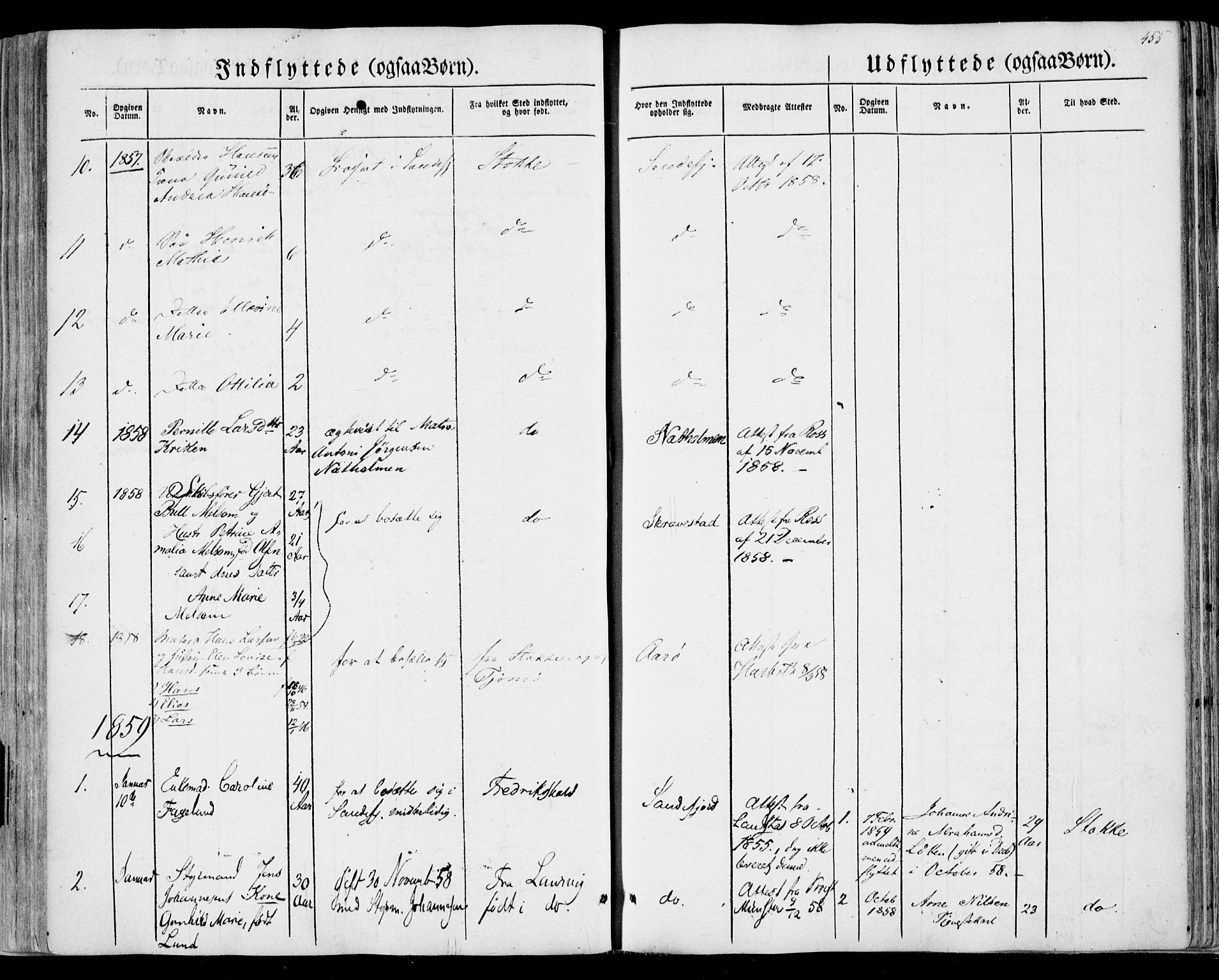 Sandar kirkebøker, SAKO/A-243/F/Fa/L0007: Parish register (official) no. 7, 1855-1861, p. 455