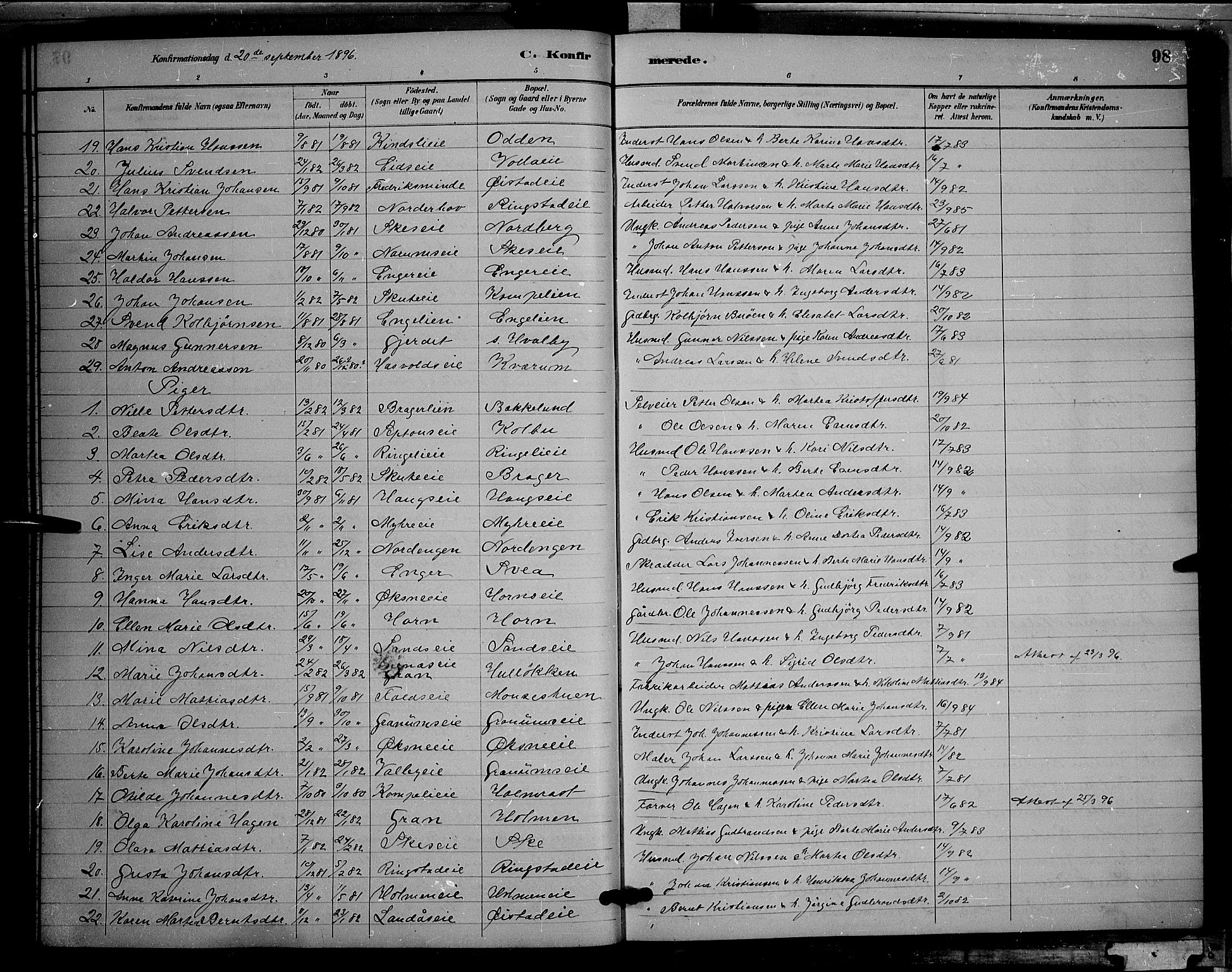 Søndre Land prestekontor, SAH/PREST-122/L/L0002: Parish register (copy) no. 2, 1884-1900, p. 98