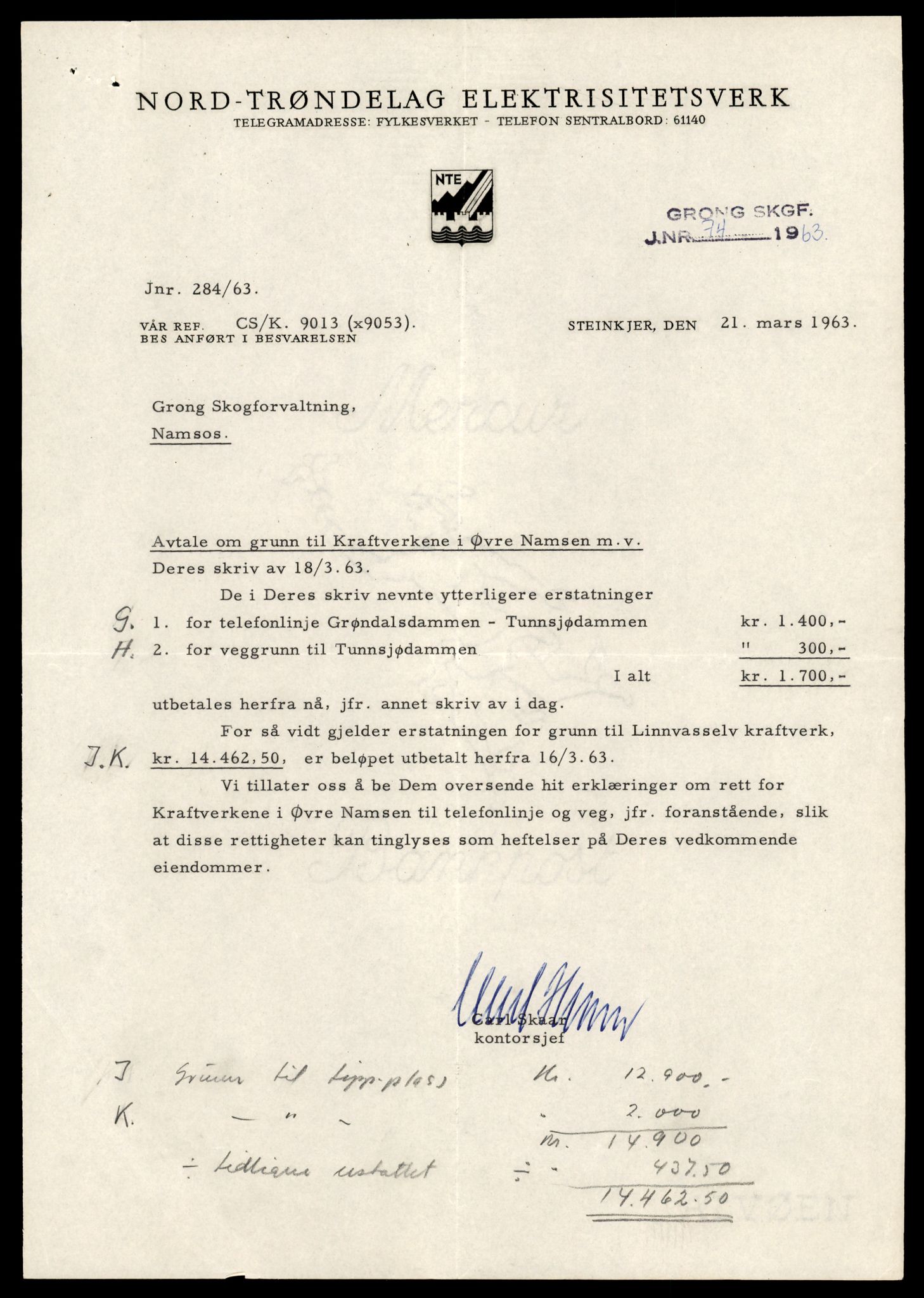 Statskog Trøndelag / Møre, AV/SAT-A-4532/1/D/Da/L0336/0007: Sakarkiv / Vassdragsreguleringer m.m. - Kraftverkene Øvre Namsen, diverse (grunnerstatninger), 1957-1963, p. 21