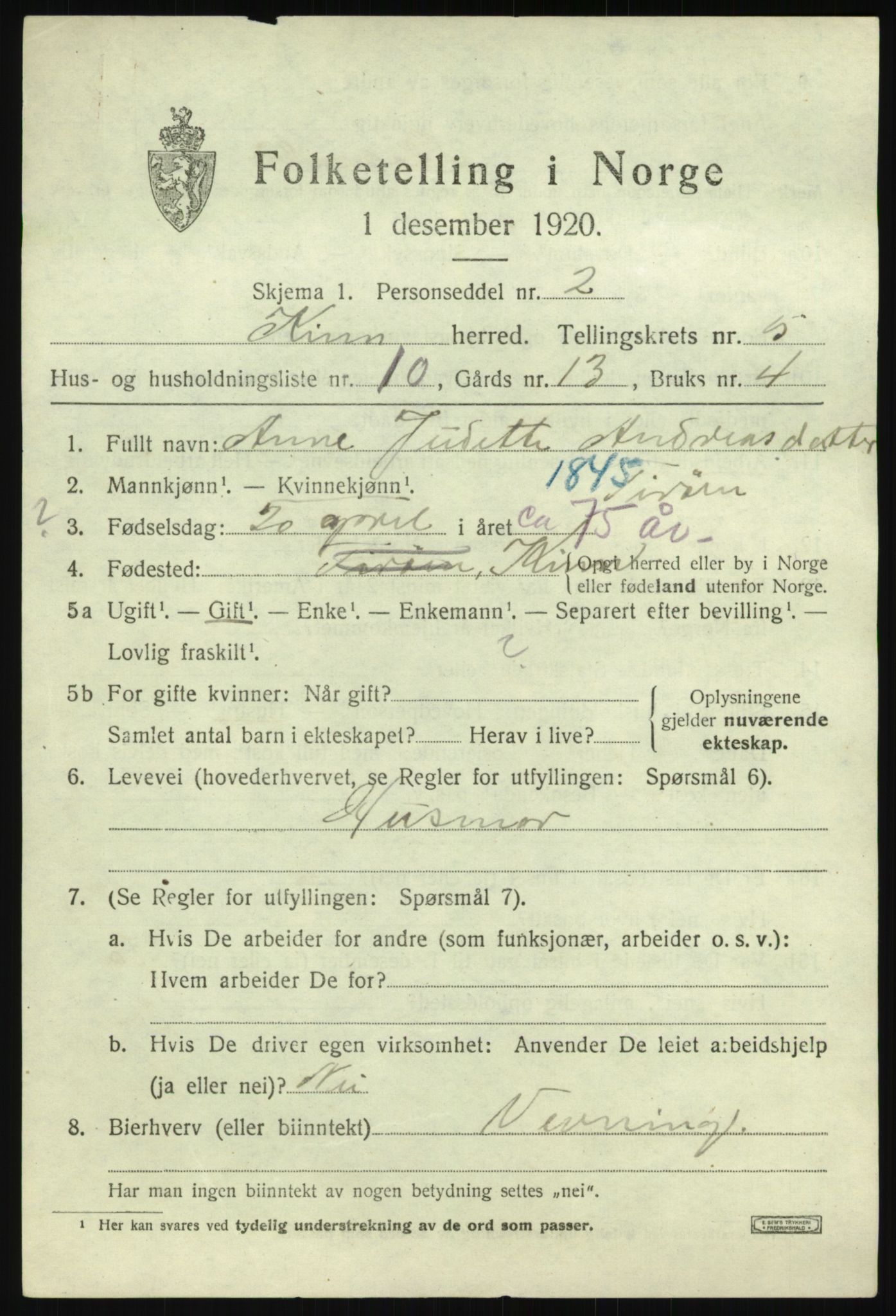 SAB, 1920 census for Kinn, 1920, p. 2719