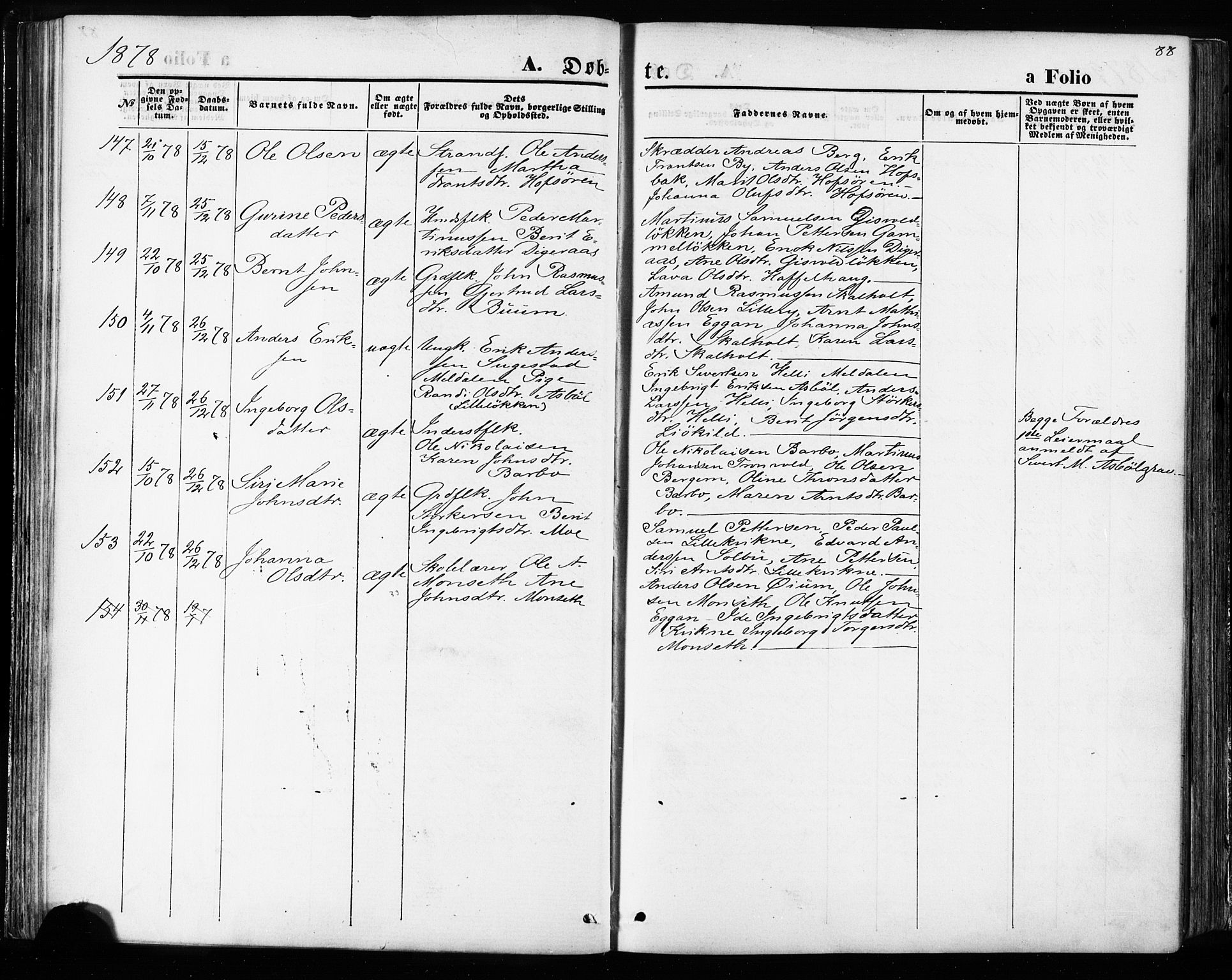 Ministerialprotokoller, klokkerbøker og fødselsregistre - Sør-Trøndelag, SAT/A-1456/668/L0807: Parish register (official) no. 668A07, 1870-1880, p. 88