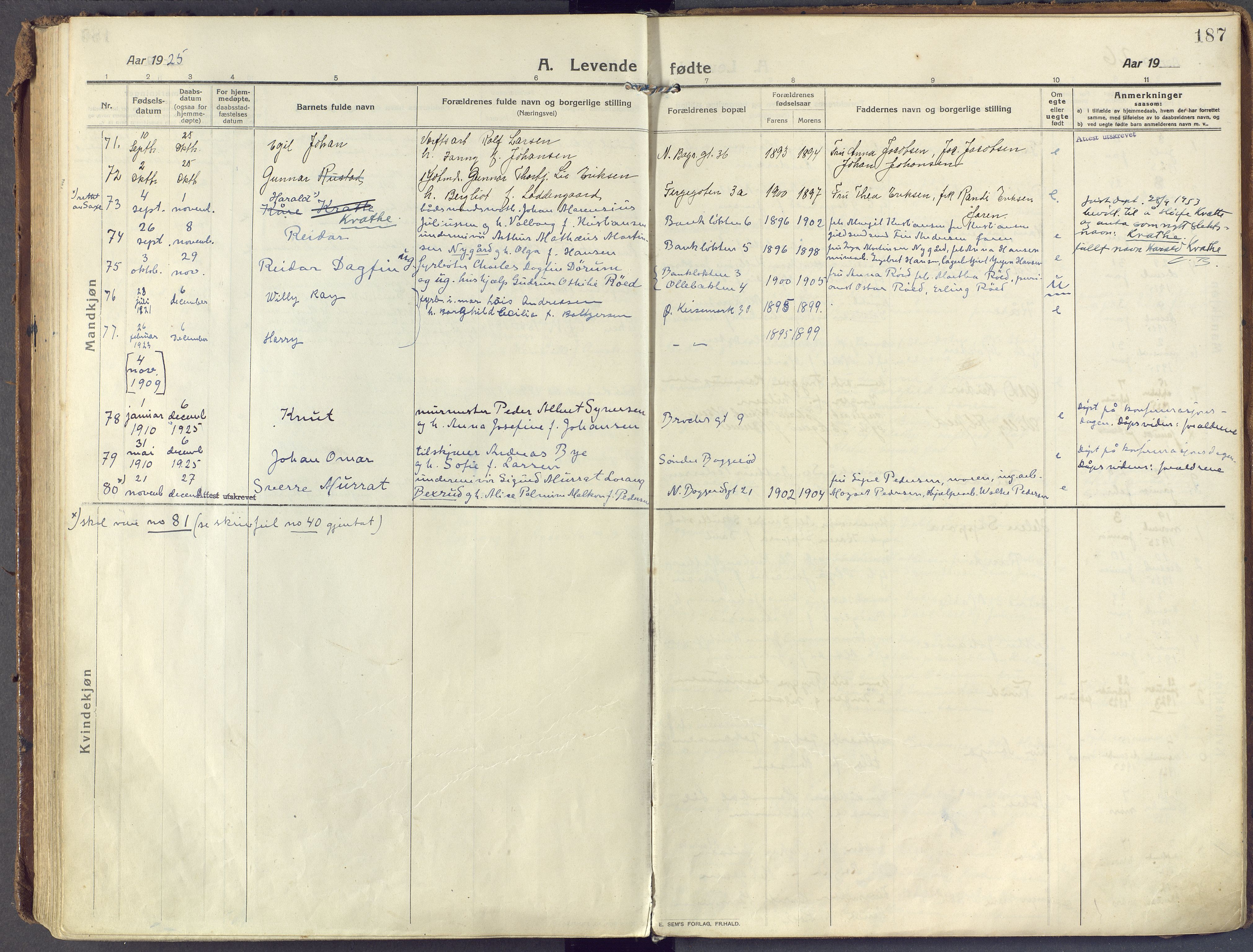 Horten kirkebøker, SAKO/A-348/F/Fa/L0012: Parish register (official) no. 12, 1913-1926, p. 187