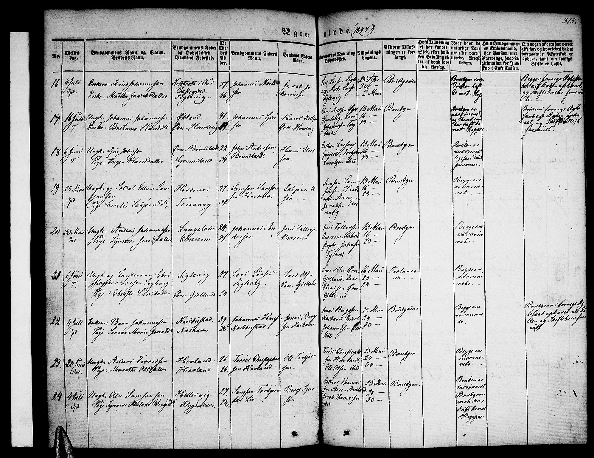 Tysnes sokneprestembete, AV/SAB-A-78601/H/Haa: Parish register (official) no. A 9, 1837-1848, p. 315