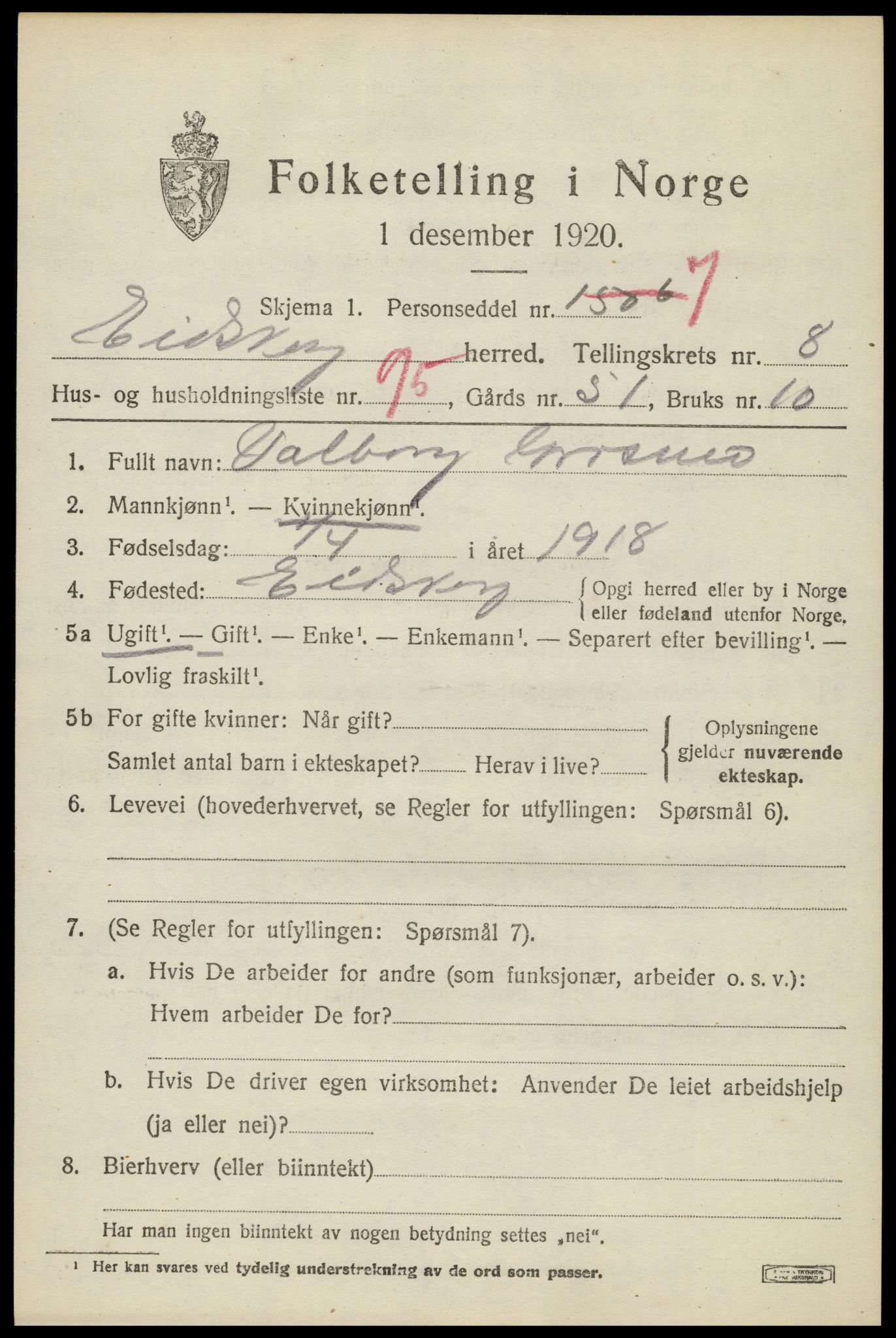 SAH, 1920 census for Eidskog, 1920, p. 9991