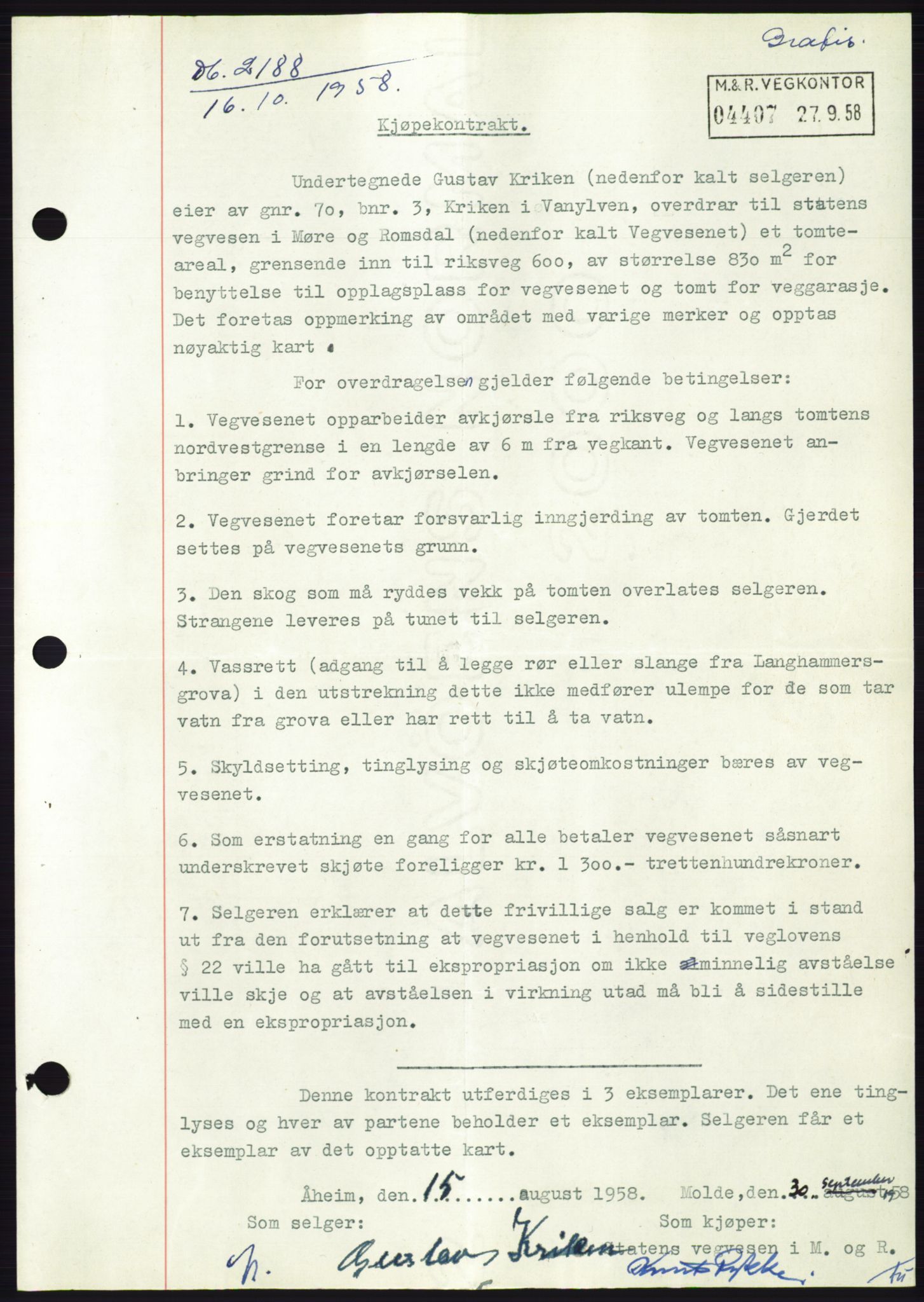 Søre Sunnmøre sorenskriveri, AV/SAT-A-4122/1/2/2C/L0110: Mortgage book no. 36A, 1958-1958, Diary no: : 2188/1958