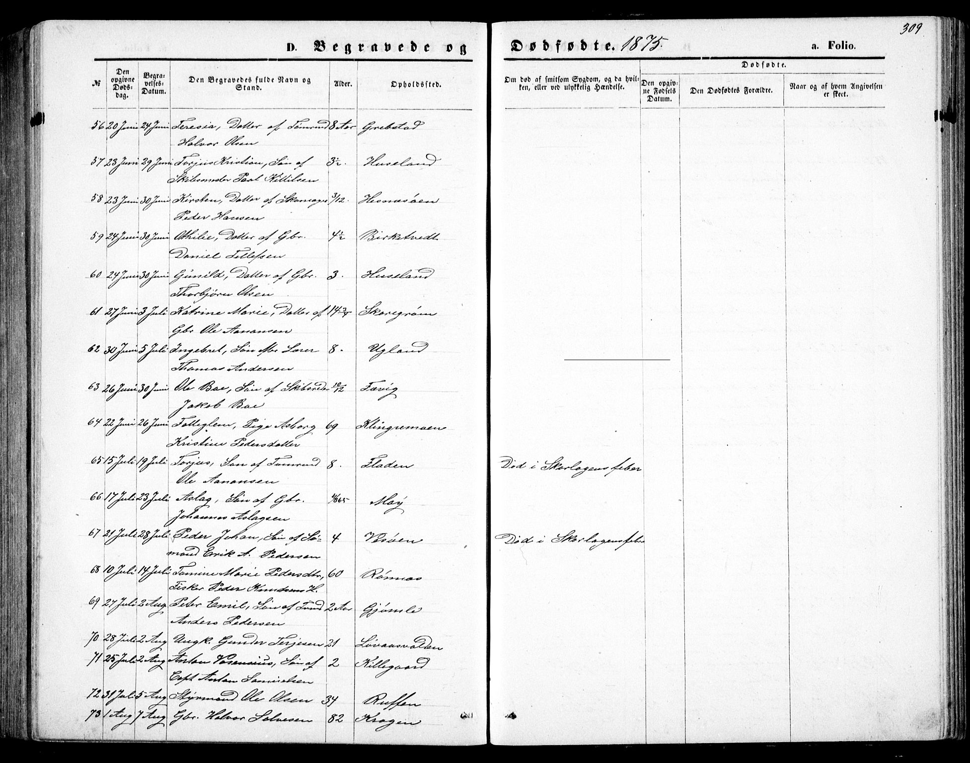 Fjære sokneprestkontor, AV/SAK-1111-0011/F/Fb/L0010: Parish register (copy) no. B 10, 1871-1880, p. 309