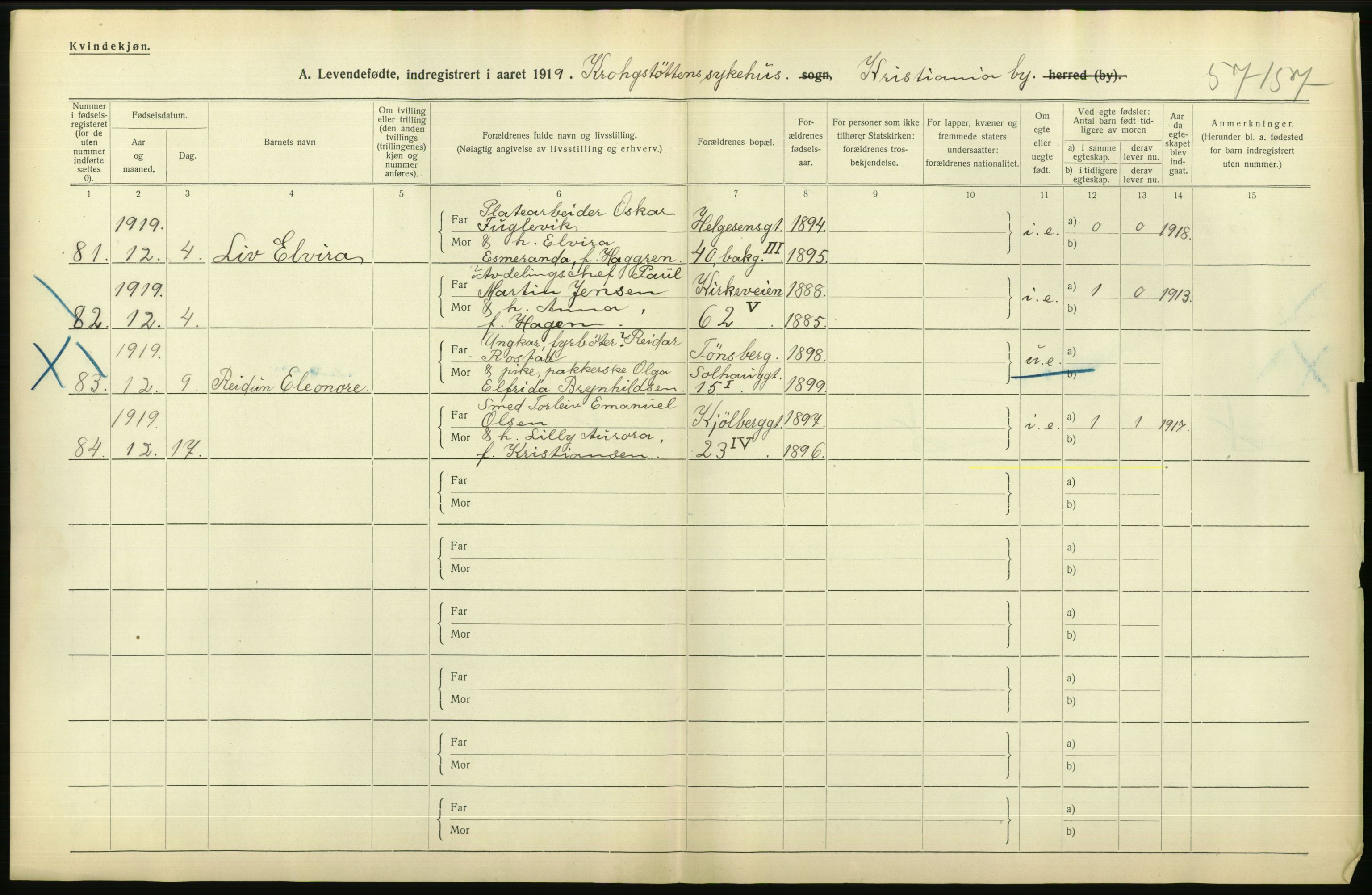 Statistisk sentralbyrå, Sosiodemografiske emner, Befolkning, AV/RA-S-2228/D/Df/Dfb/Dfbi/L0008: Kristiania: Levendefødte menn og kvinner., 1919