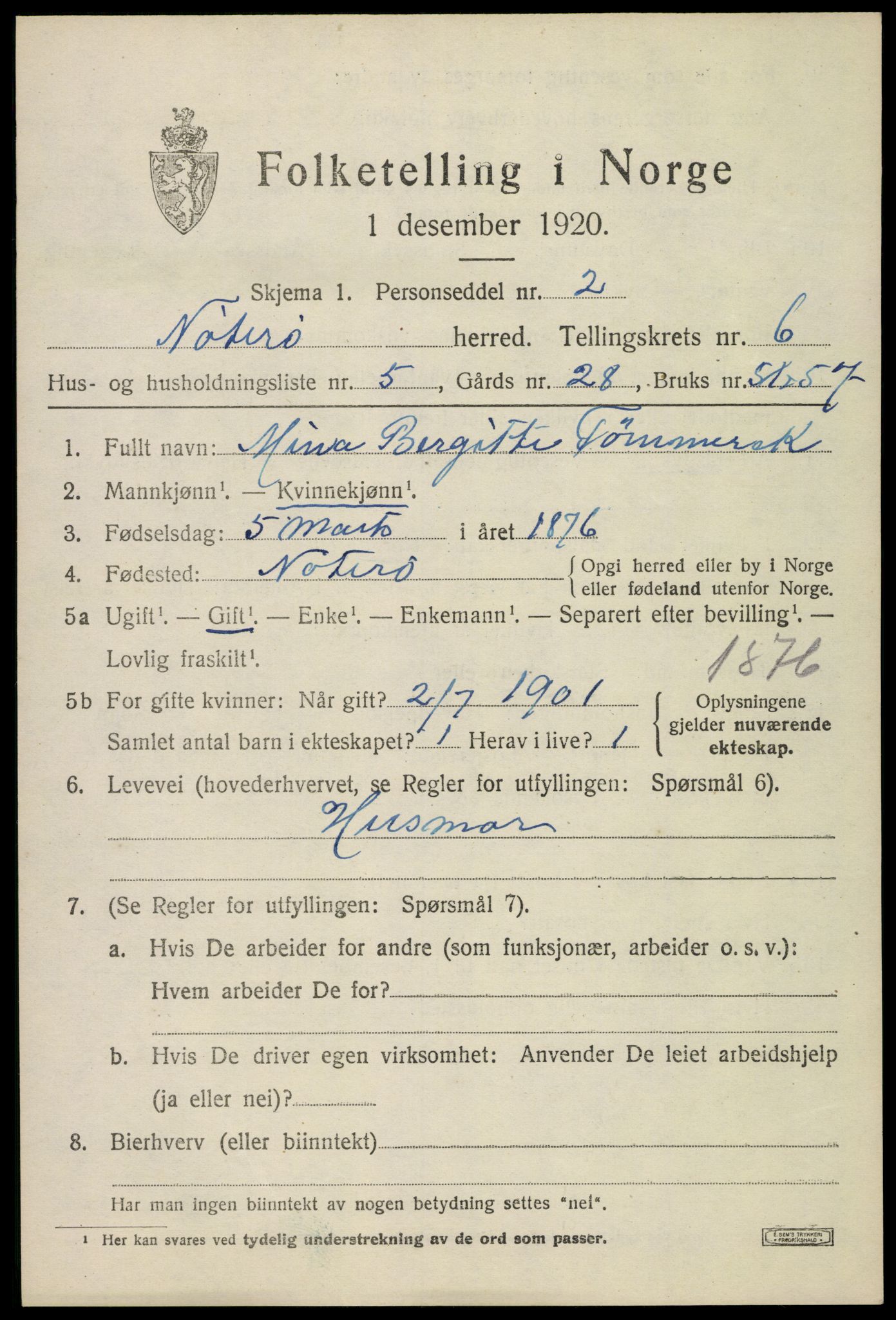 SAKO, 1920 census for Nøtterøy, 1920, p. 8483