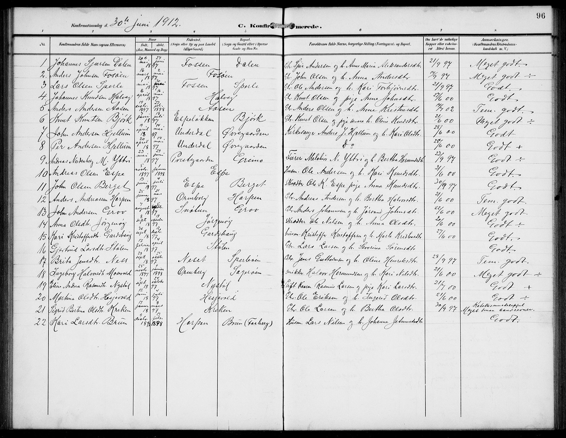 Jostedal sokneprestembete, AV/SAB-A-80601/H/Hab/Haba/L0002: Parish register (copy) no. A 2, 1907-1931, p. 96