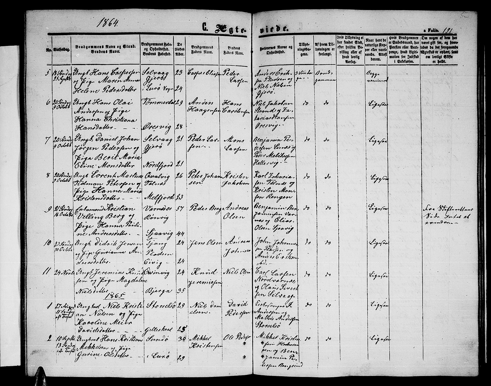 Ministerialprotokoller, klokkerbøker og fødselsregistre - Nordland, SAT/A-1459/841/L0619: Parish register (copy) no. 841C03, 1856-1876, p. 191