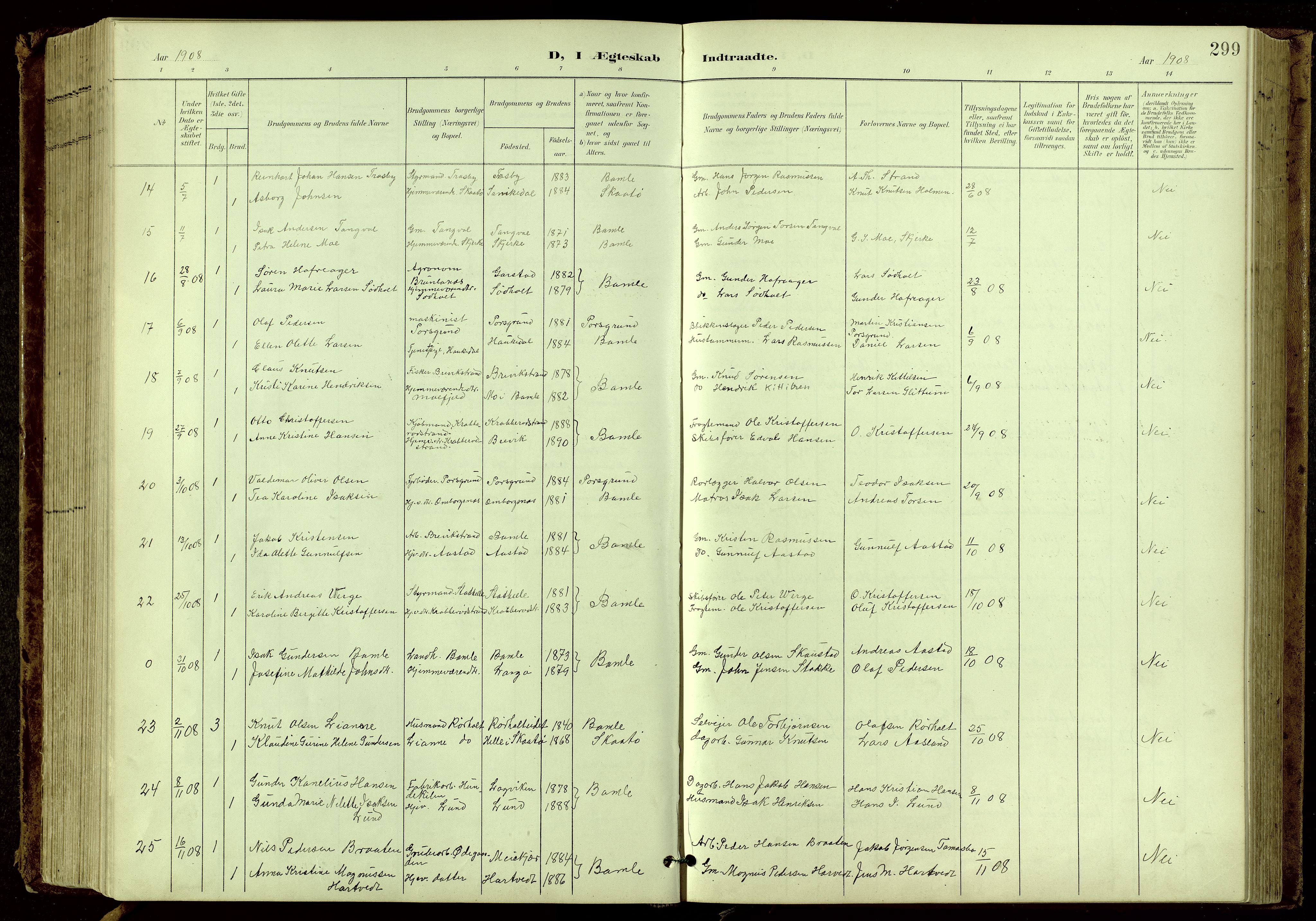 Bamble kirkebøker, SAKO/A-253/G/Ga/L0010: Parish register (copy) no. I 10, 1901-1919, p. 299