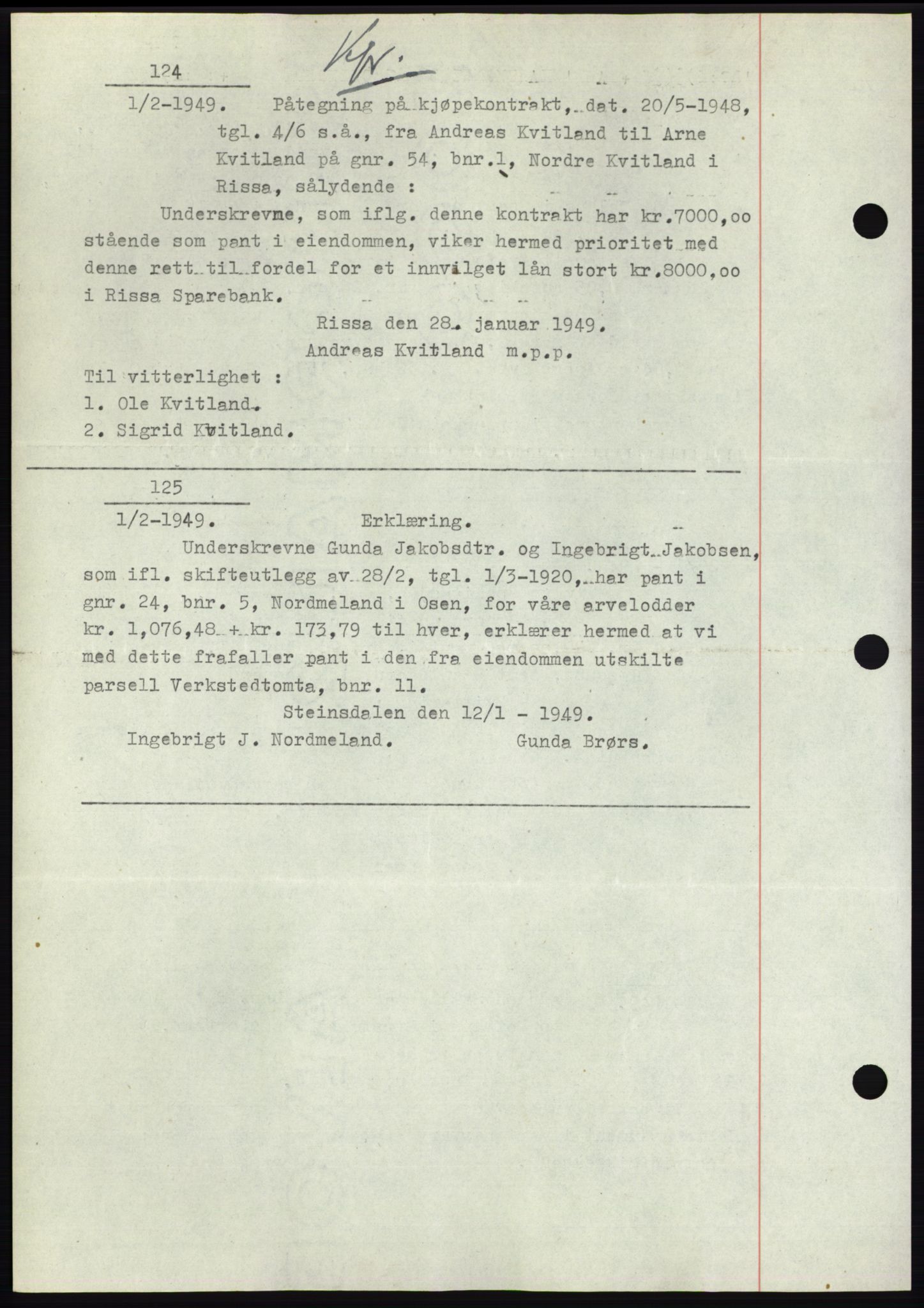 Fosen sorenskriveri, AV/SAT-A-1107/1/2/2C: Mortgage book no. B3, 1948-1950, Diary no: : 124/1949