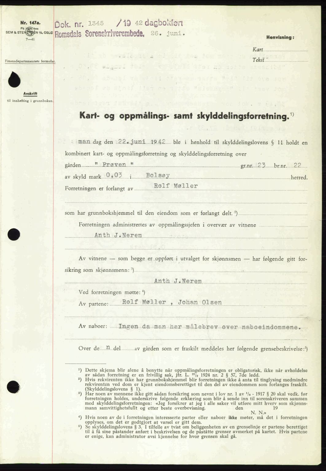 Romsdal sorenskriveri, AV/SAT-A-4149/1/2/2C: Mortgage book no. A12, 1942-1942, Diary no: : 1345/1942