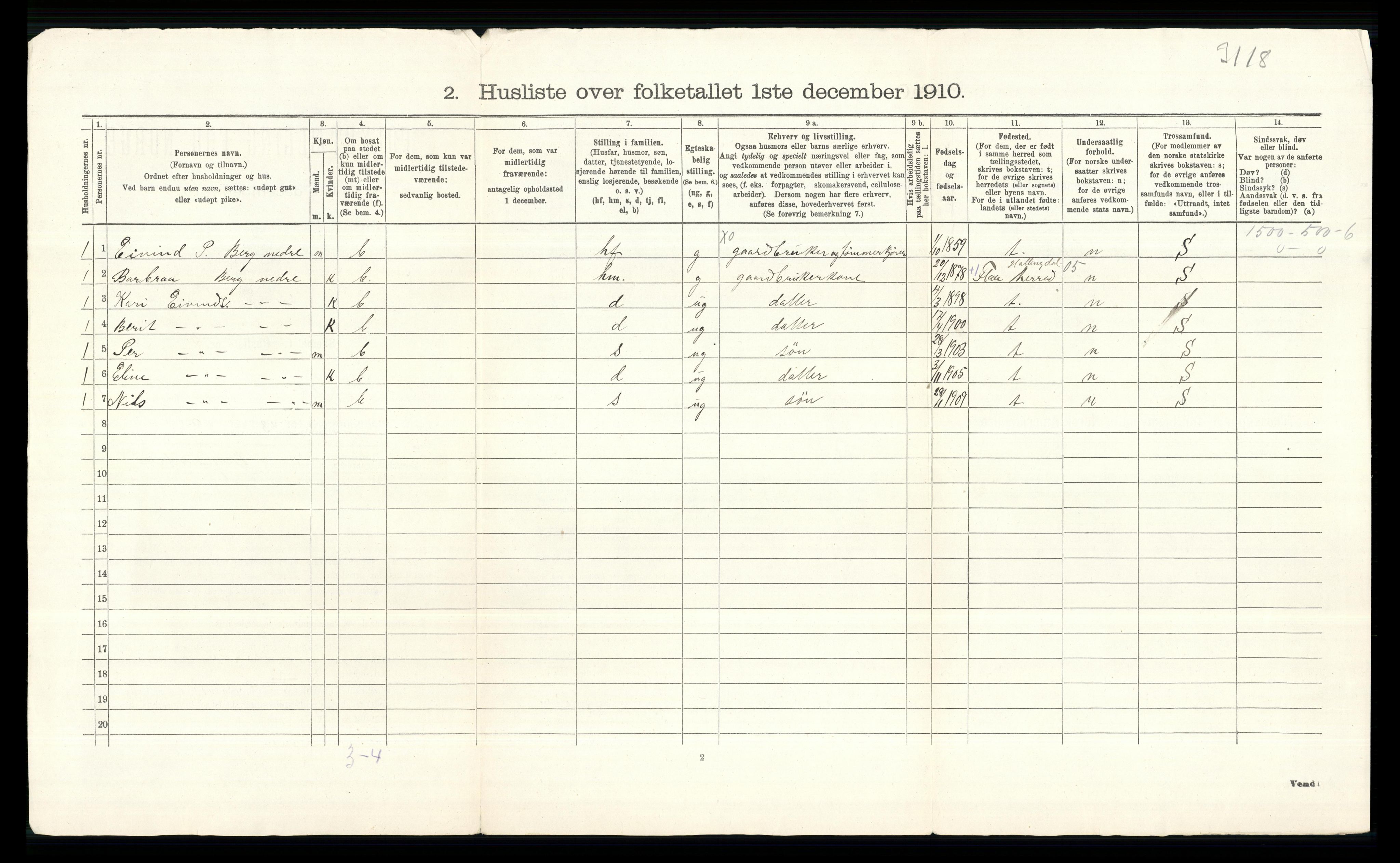 RA, 1910 census for Nes, 1910, p. 39