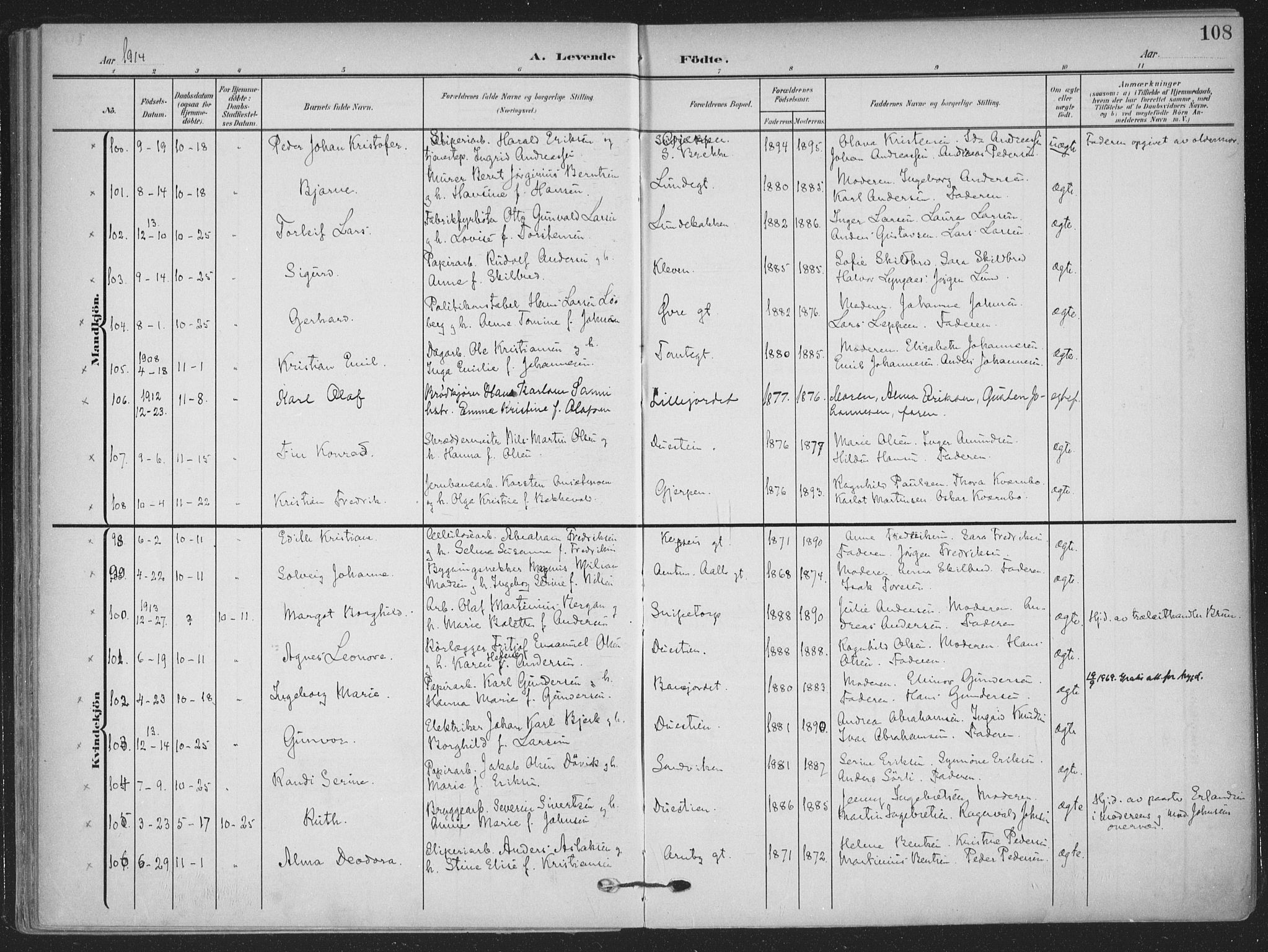 Skien kirkebøker, AV/SAKO-A-302/F/Fa/L0012: Parish register (official) no. 12, 1908-1914, p. 108