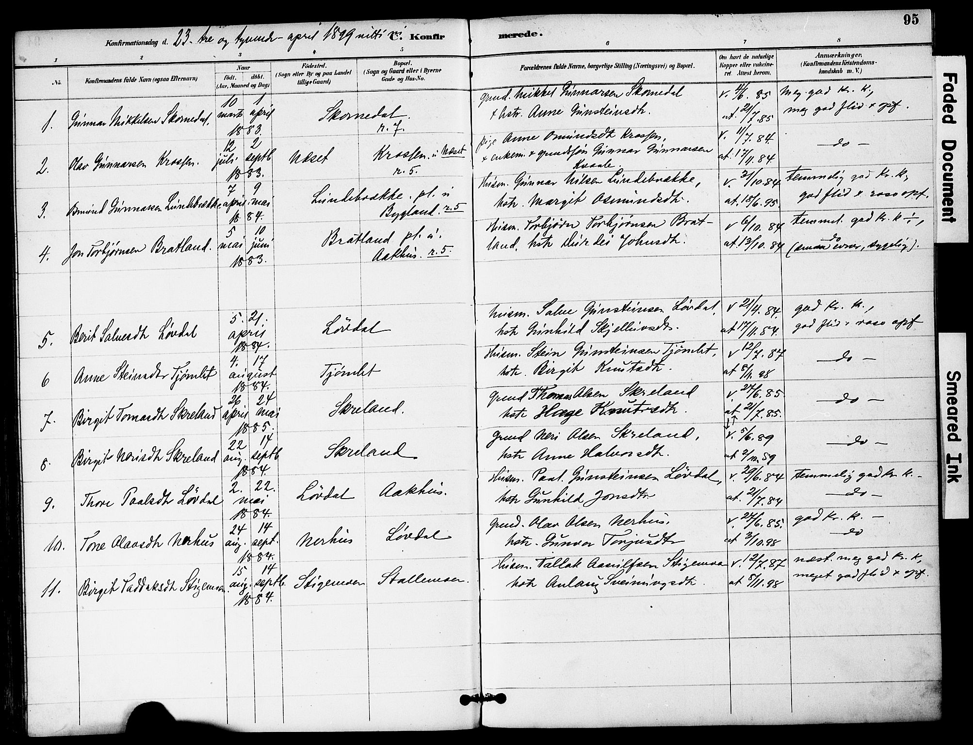Bygland sokneprestkontor, SAK/1111-0006/F/Fa/Fab/L0007: Parish register (official) no. A 7, 1885-1909, p. 95