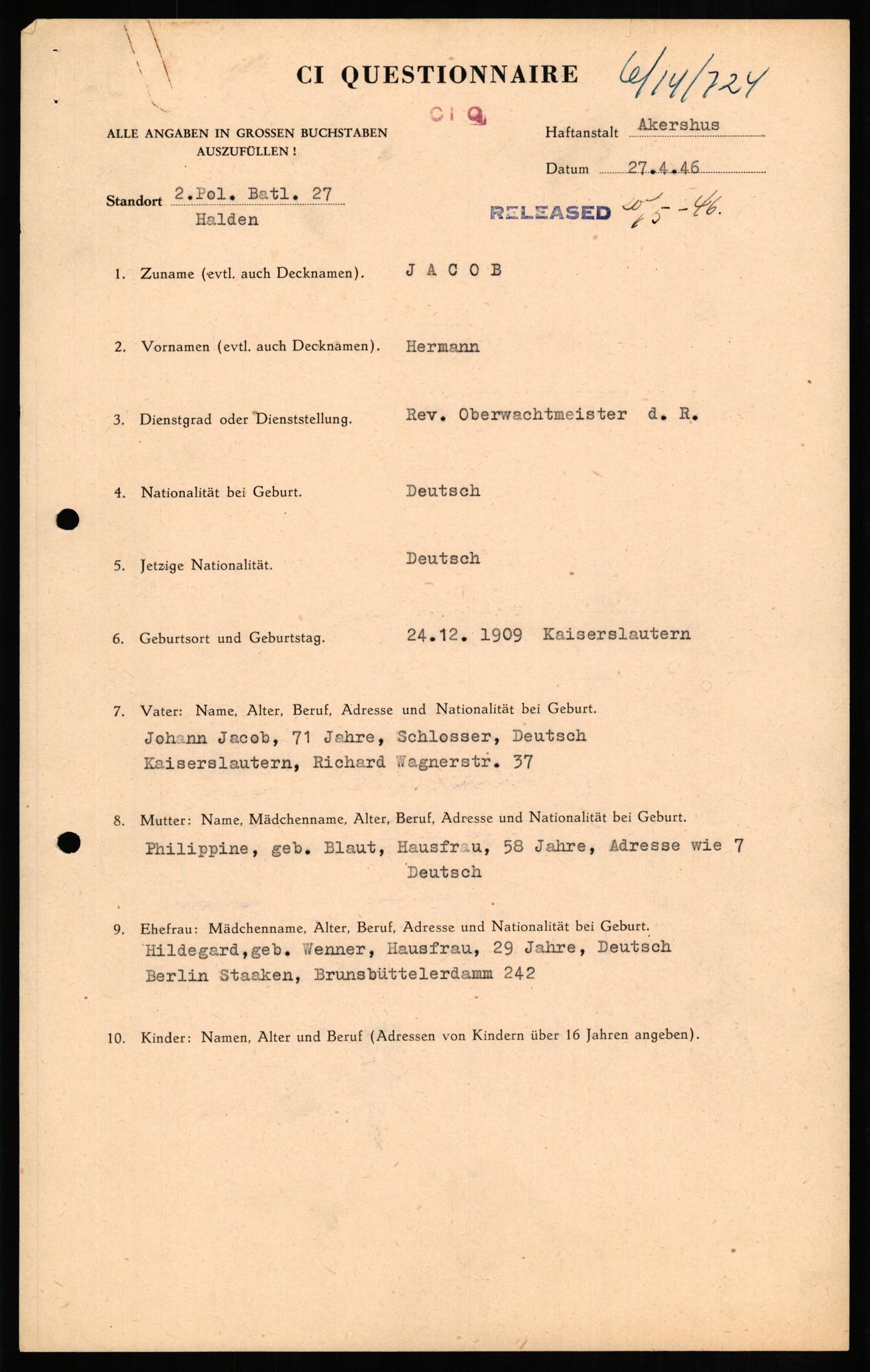 Forsvaret, Forsvarets overkommando II, RA/RAFA-3915/D/Db/L0014: CI Questionaires. Tyske okkupasjonsstyrker i Norge. Tyskere., 1945-1946, p. 426