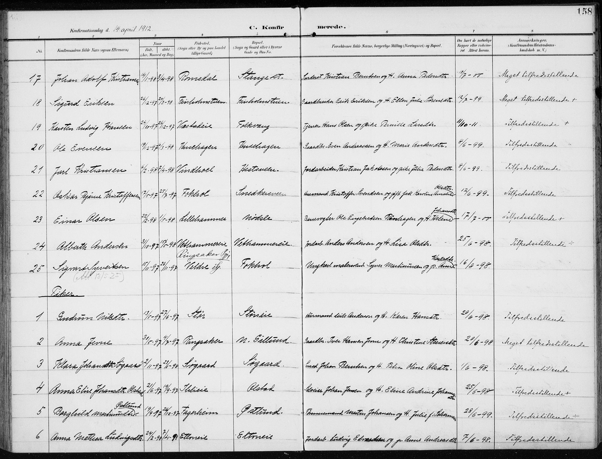 Stange prestekontor, AV/SAH-PREST-002/K/L0024: Parish register (official) no. 24, 1906-1922, p. 158