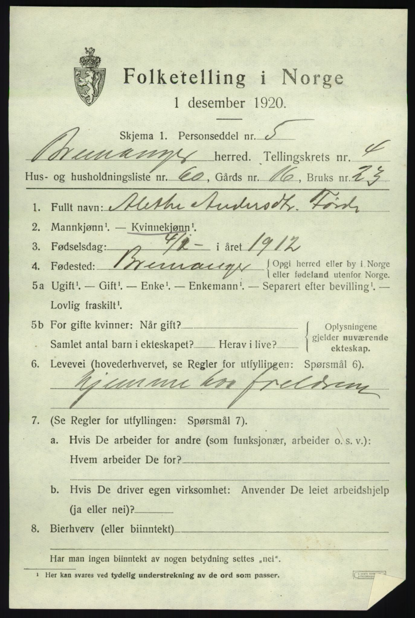 SAB, 1920 census for Bremanger, 1920, p. 3522