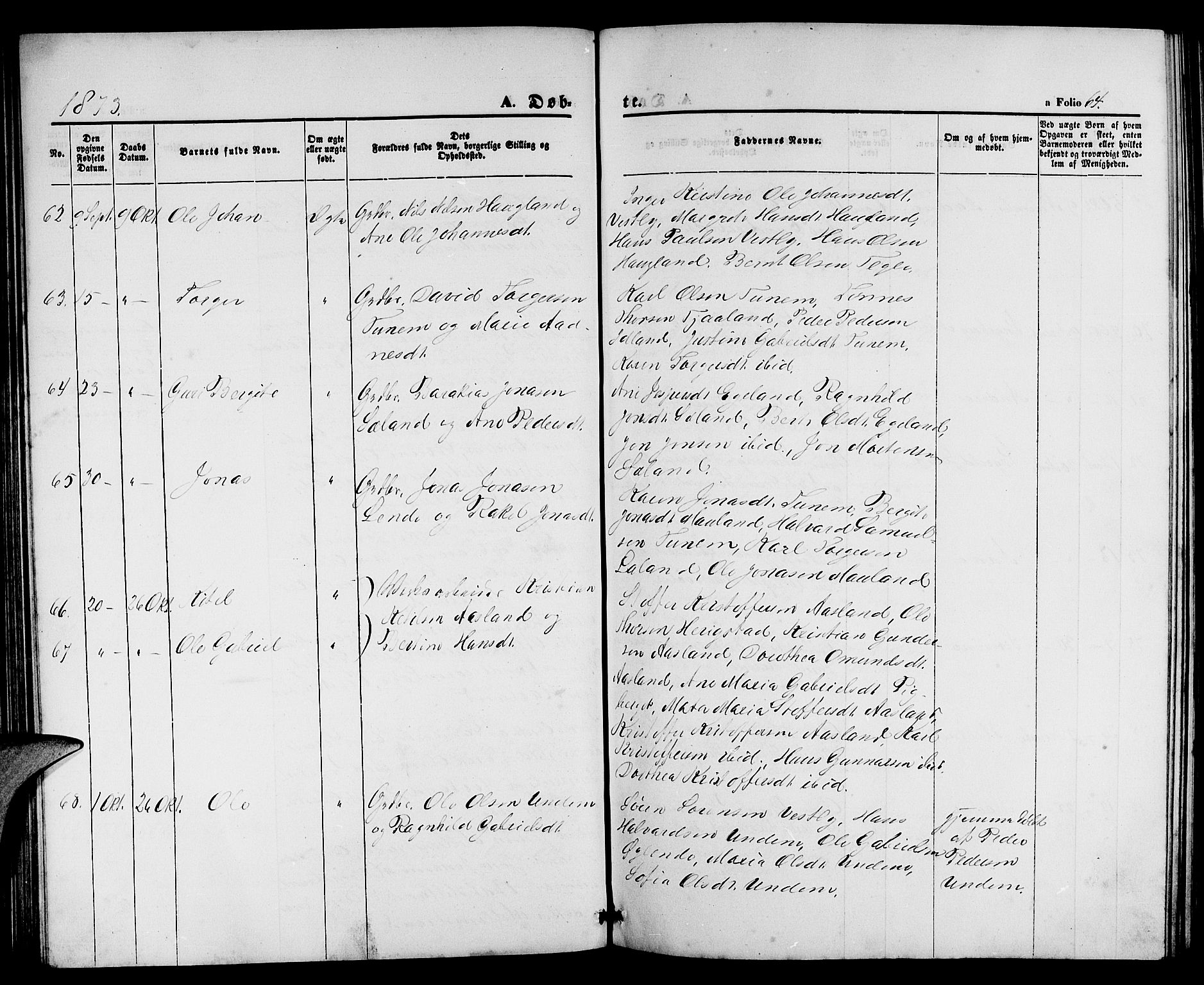 Lye sokneprestkontor, AV/SAST-A-101794/001/30BB/L0004: Parish register (copy) no. B 4, 1868-1878, p. 64