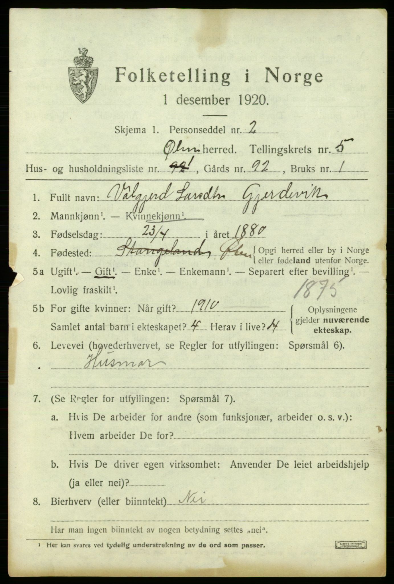 SAB, 1920 census for Ølen, 1920, p. 2321