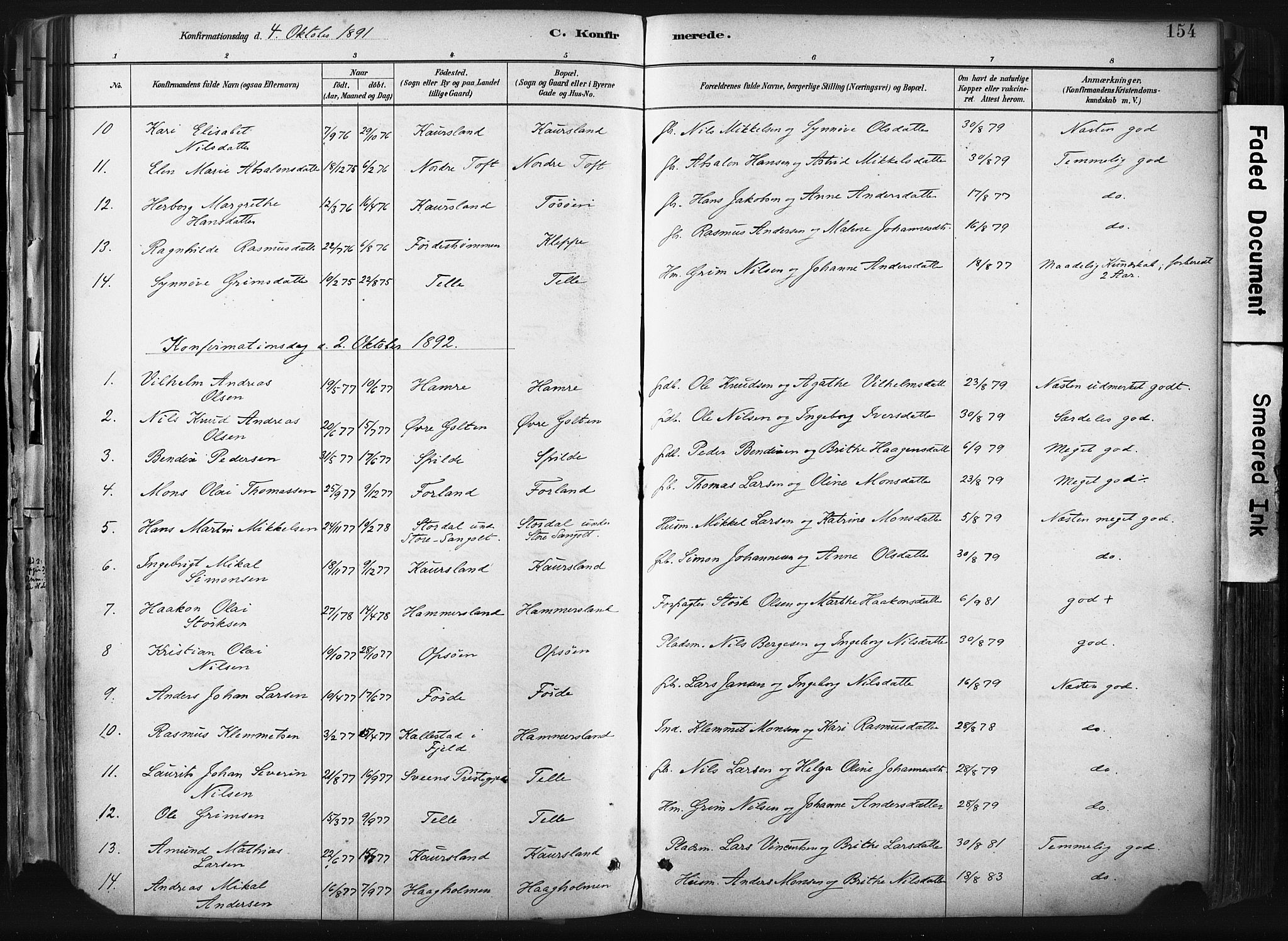 Sund sokneprestembete, SAB/A-99930: Parish register (official) no. B 1, 1882-1907, p. 154