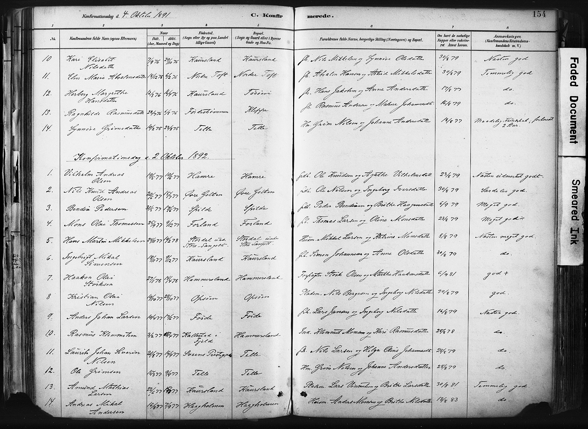 Sund sokneprestembete, AV/SAB-A-99930: Parish register (official) no. B 1, 1882-1907, p. 154