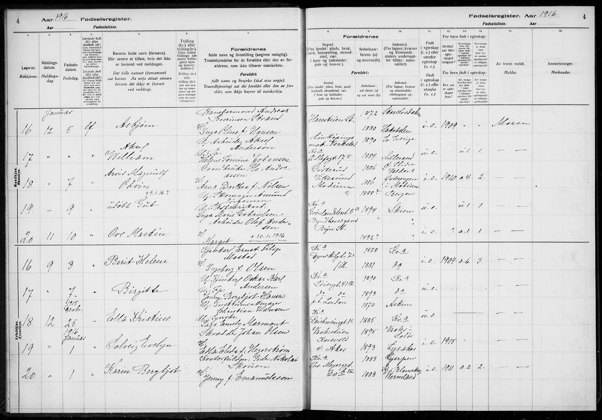 Rikshospitalet prestekontor Kirkebøker, AV/SAO-A-10309b/J/L0001: Birth register no. 1, 1916-1916, p. 4