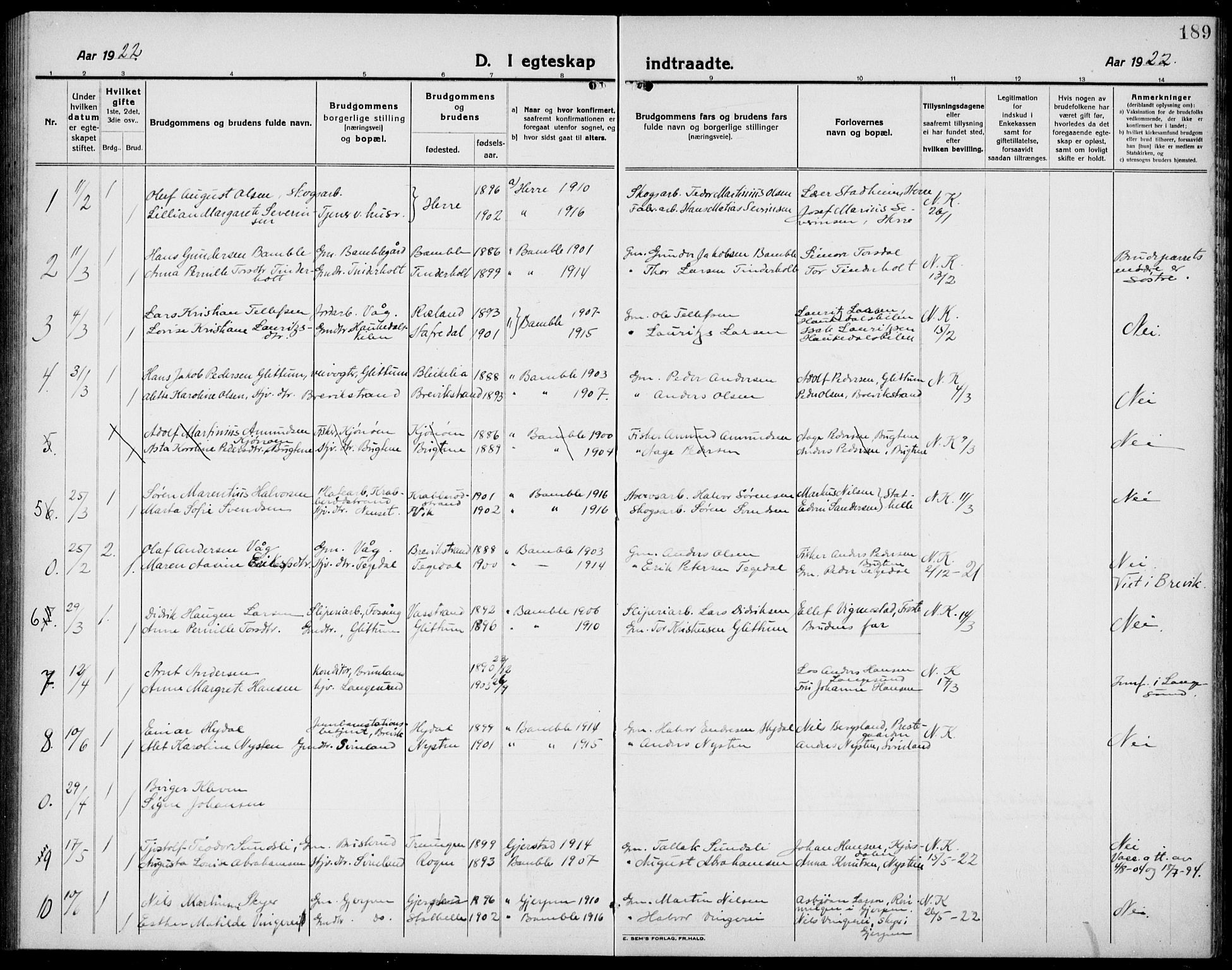 Bamble kirkebøker, SAKO/A-253/G/Ga/L0011: Parish register (copy) no. I 11, 1920-1935, p. 189