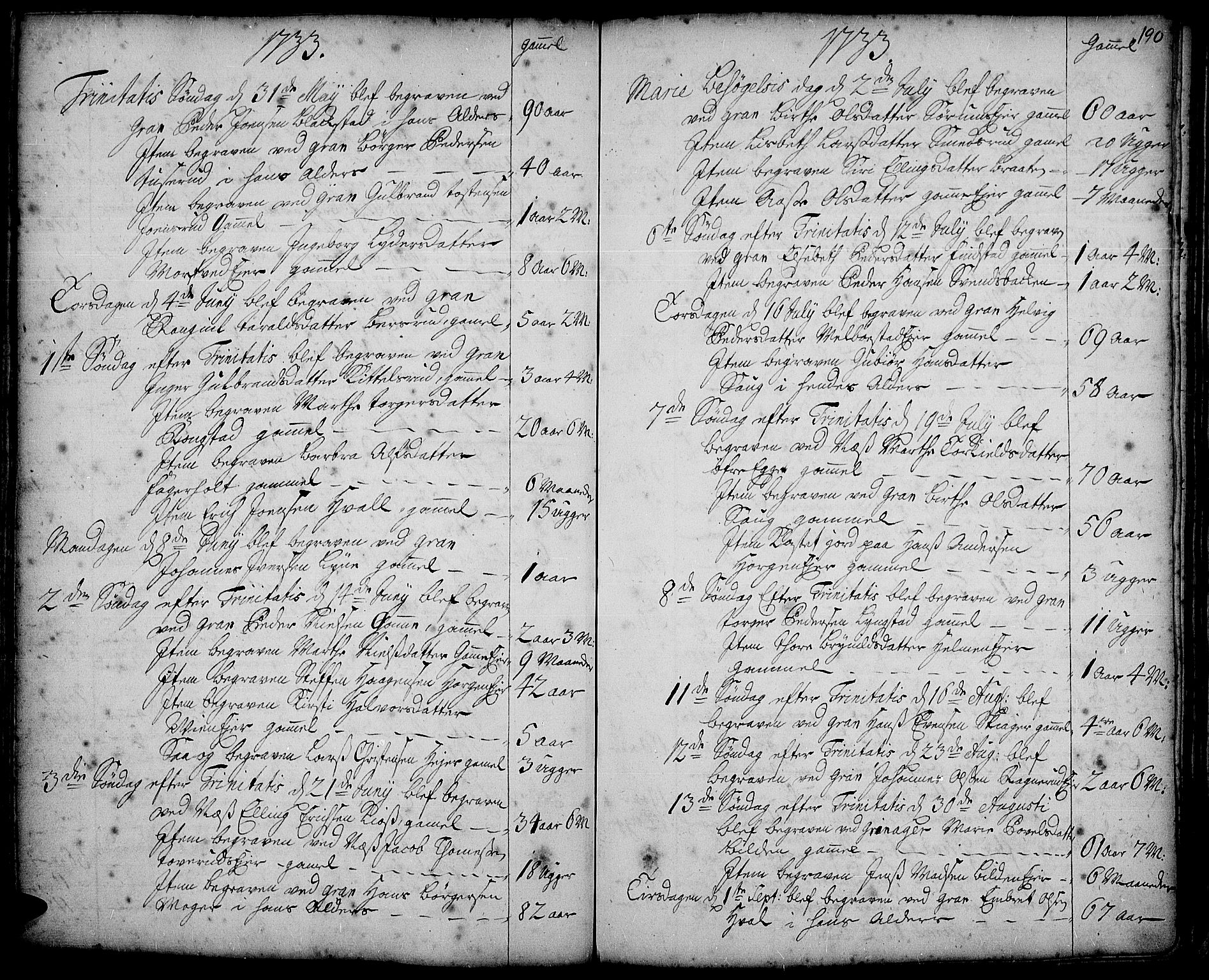 Gran prestekontor, AV/SAH-PREST-112/H/Ha/Haa/L0002: Parish register (official) no. 2, 1732-1744, p. 190