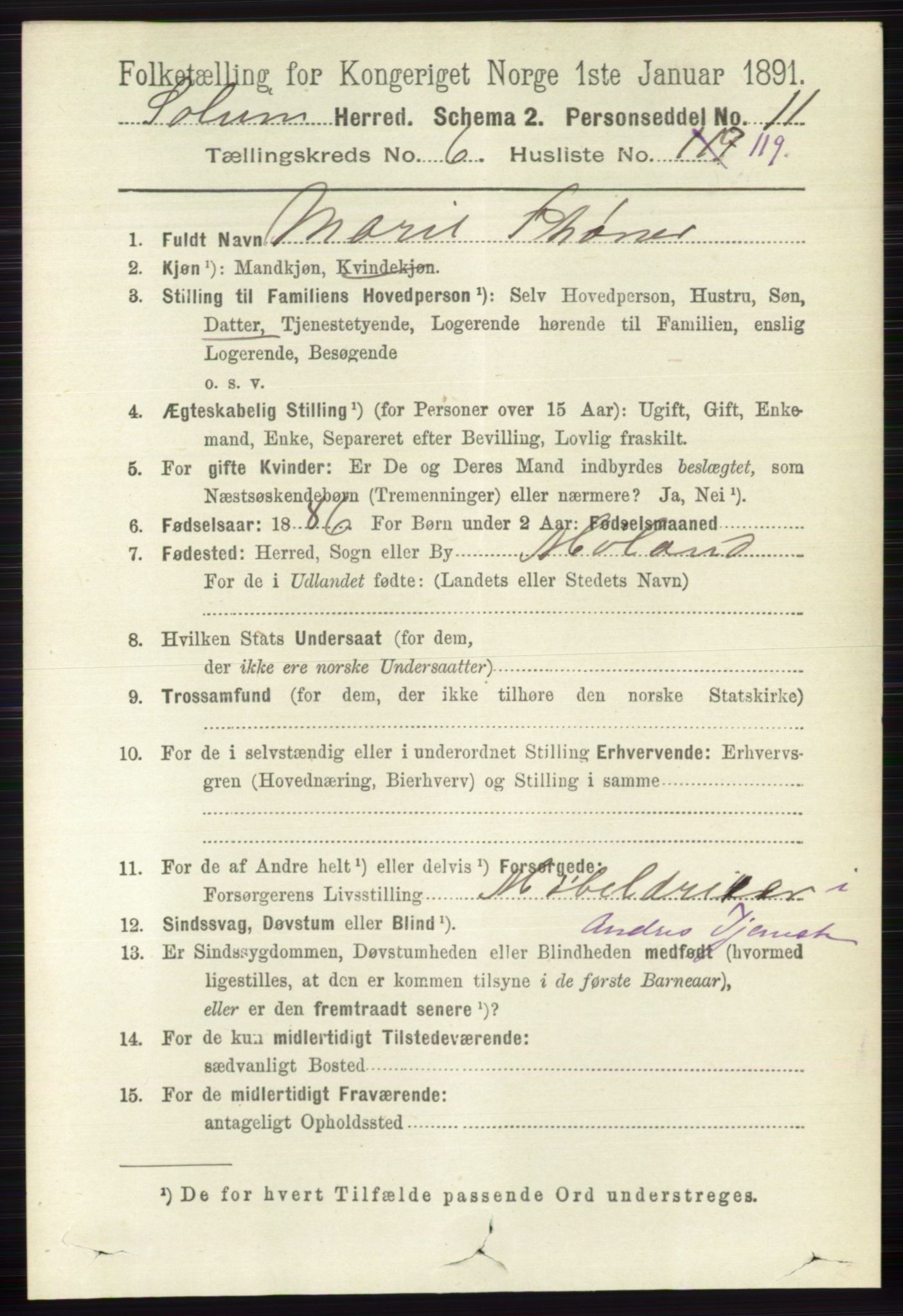 RA, 1891 census for 0818 Solum, 1891, p. 1853