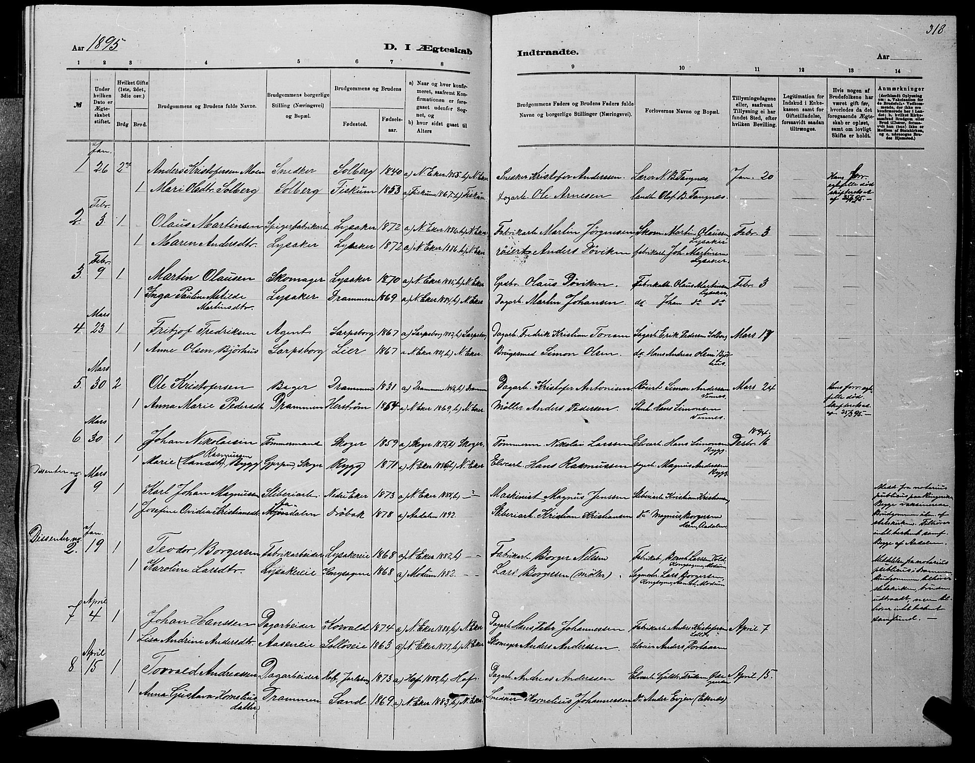 Nedre Eiker kirkebøker, AV/SAKO-A-612/G/Ga/L0002: Parish register (copy) no. 2, 1880-1896, p. 318