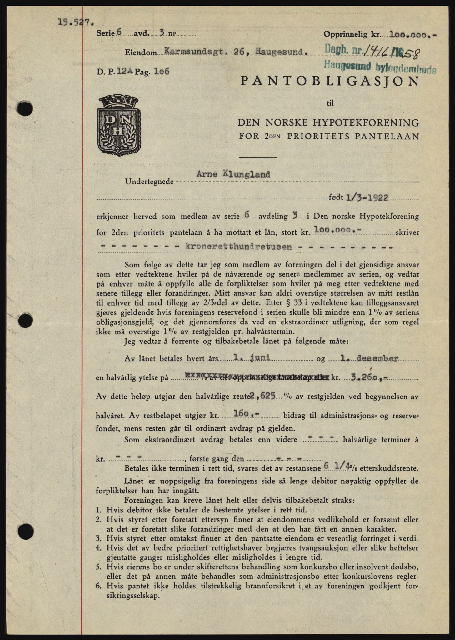 Haugesund tingrett, SAST/A-101415/01/II/IIC/L0044: Mortgage book no. B 44, 1958-1959, Diary no: : 1416/1958