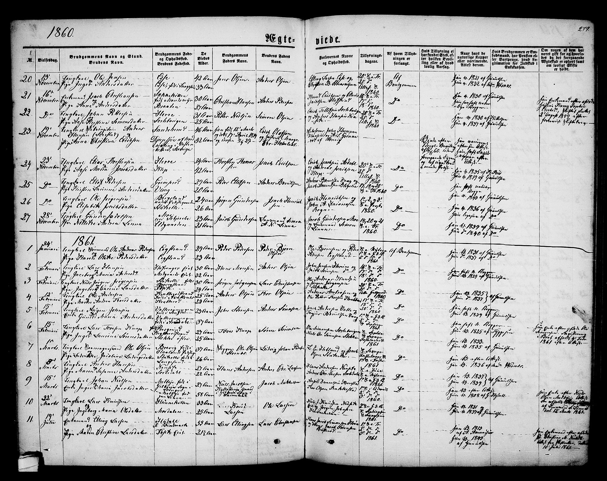 Bamble kirkebøker, AV/SAKO-A-253/G/Ga/L0006: Parish register (copy) no. I 6, 1860-1876, p. 279
