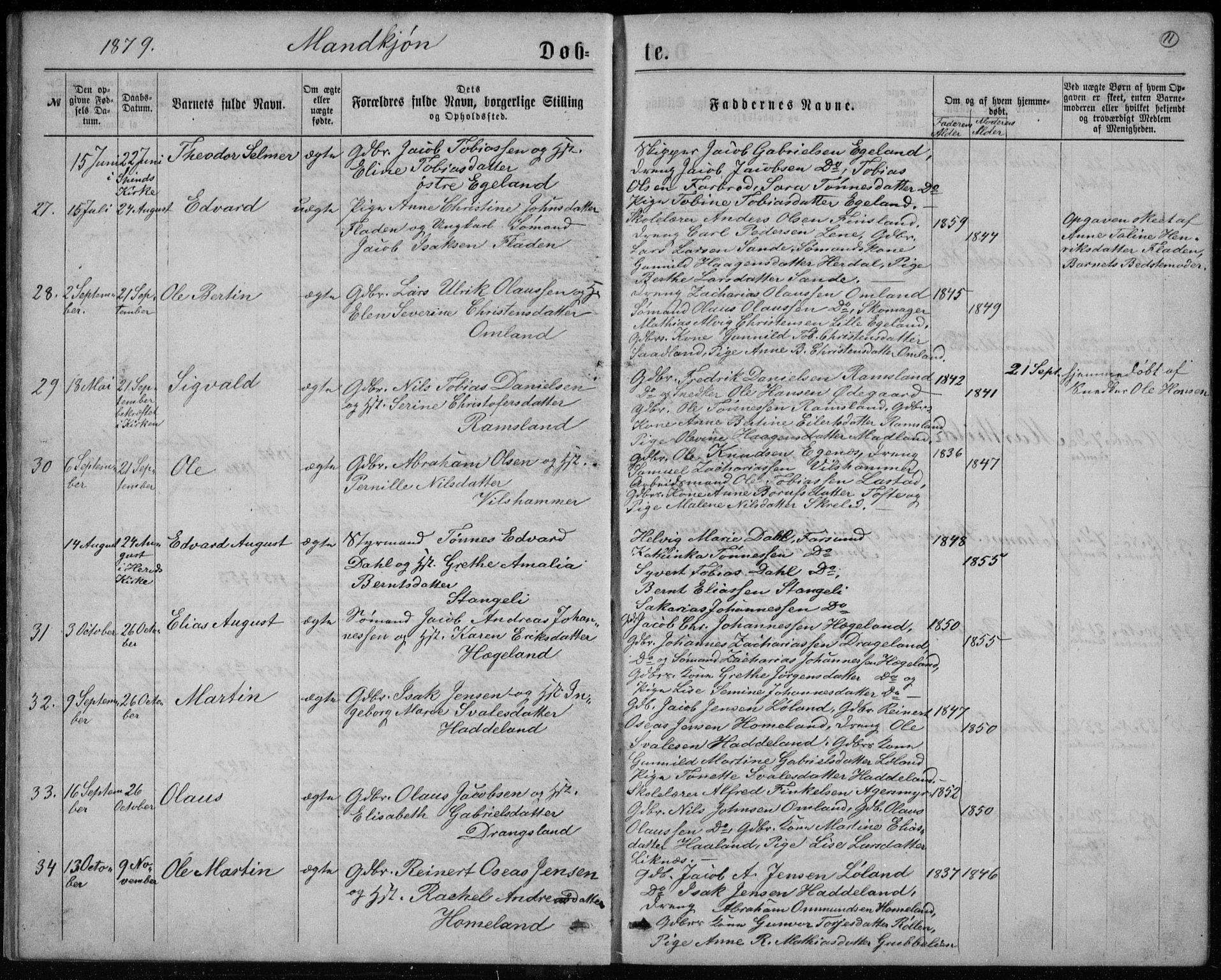 Lyngdal sokneprestkontor, AV/SAK-1111-0029/F/Fb/Fbc/L0004: Parish register (copy) no. B 4, 1878-1896, p. 11