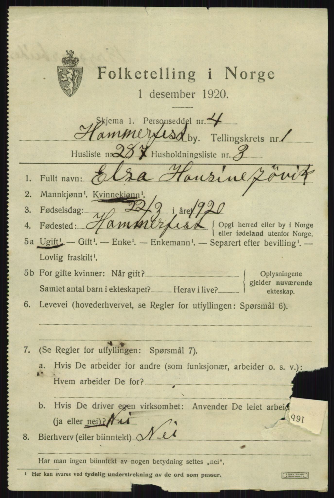 SATØ, 1920 census for Hammerfest, 1920, p. 6598