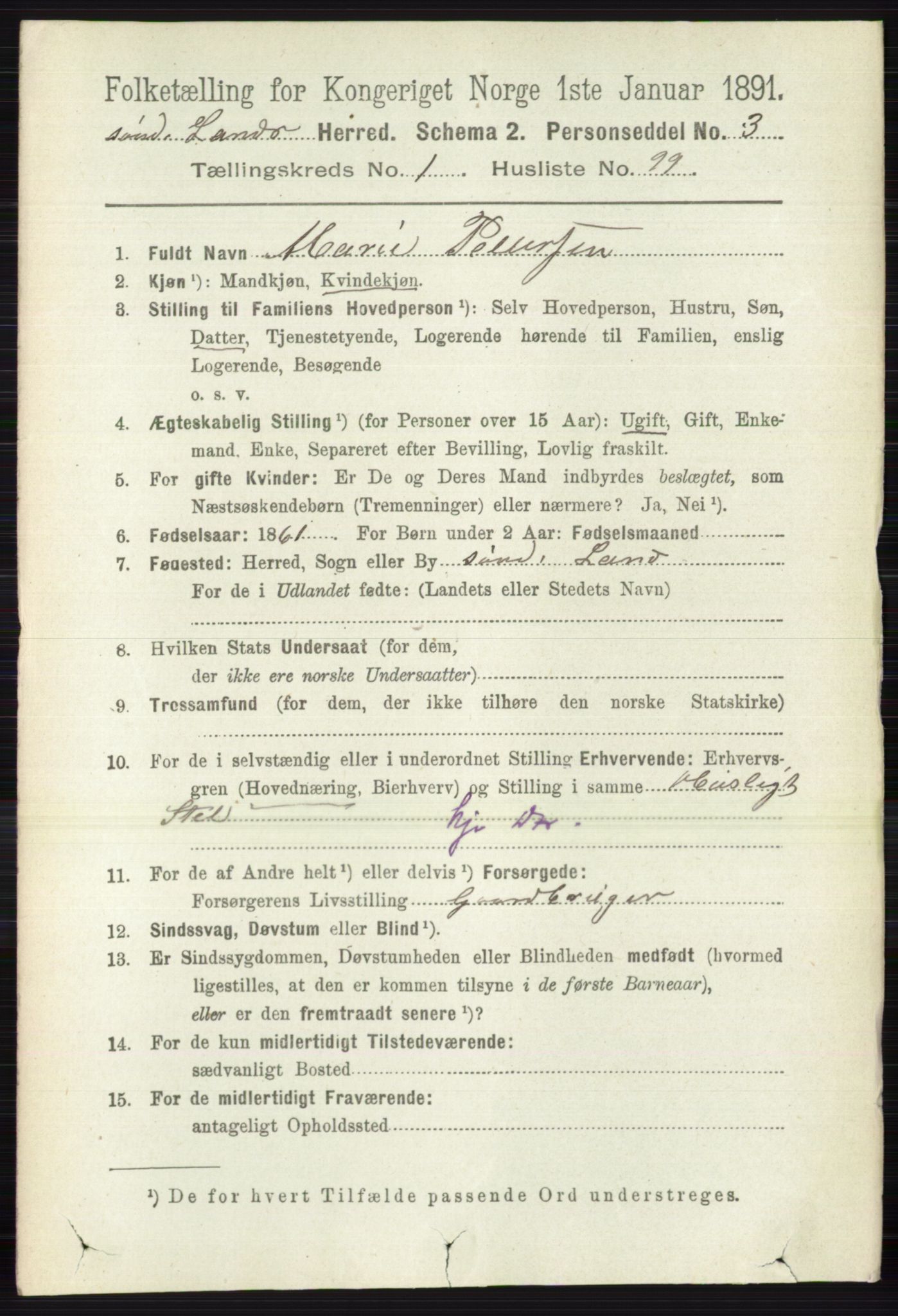 RA, 1891 census for 0536 Søndre Land, 1891, p. 812