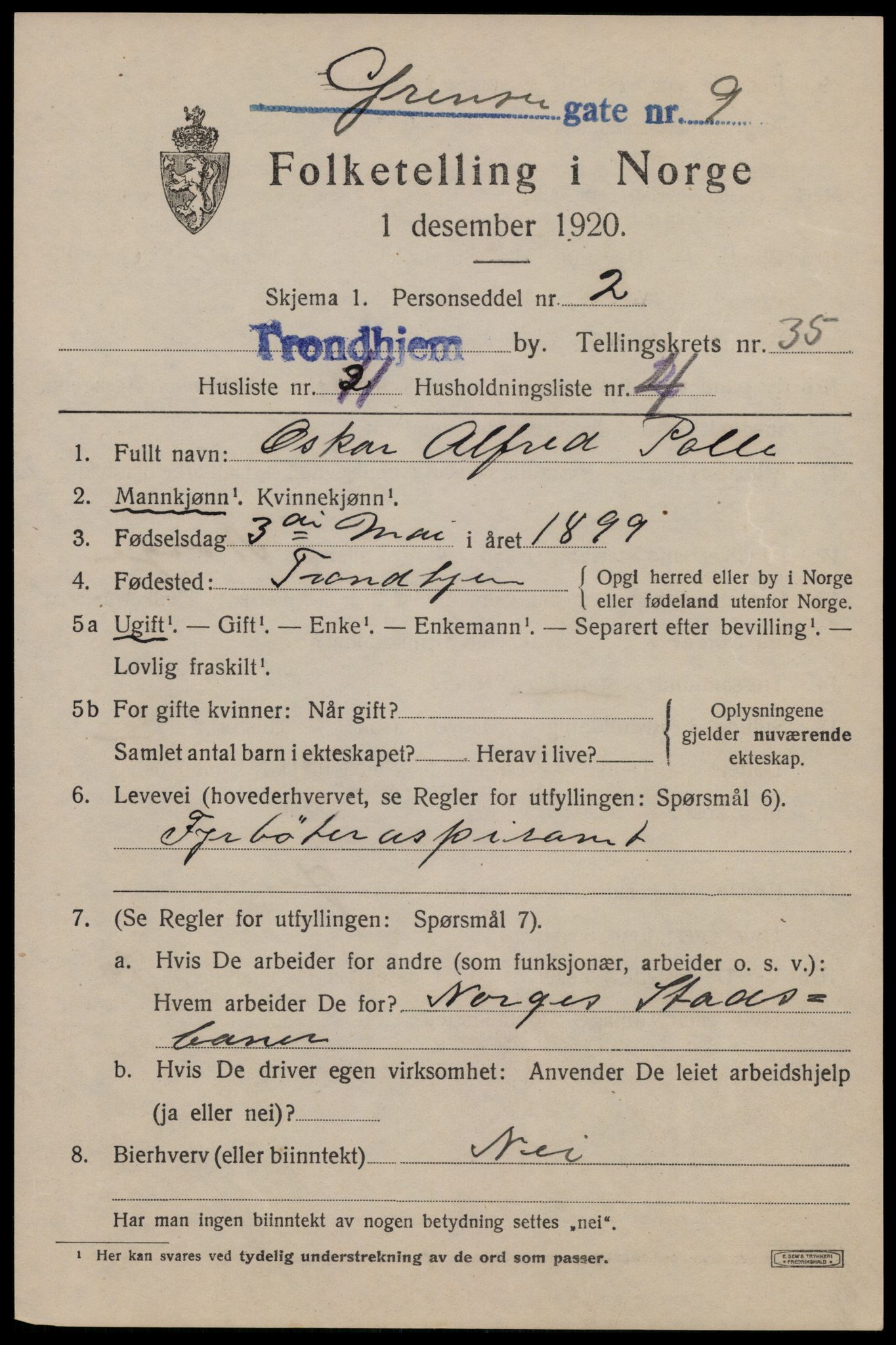 SAT, 1920 census for Trondheim, 1920, p. 81454