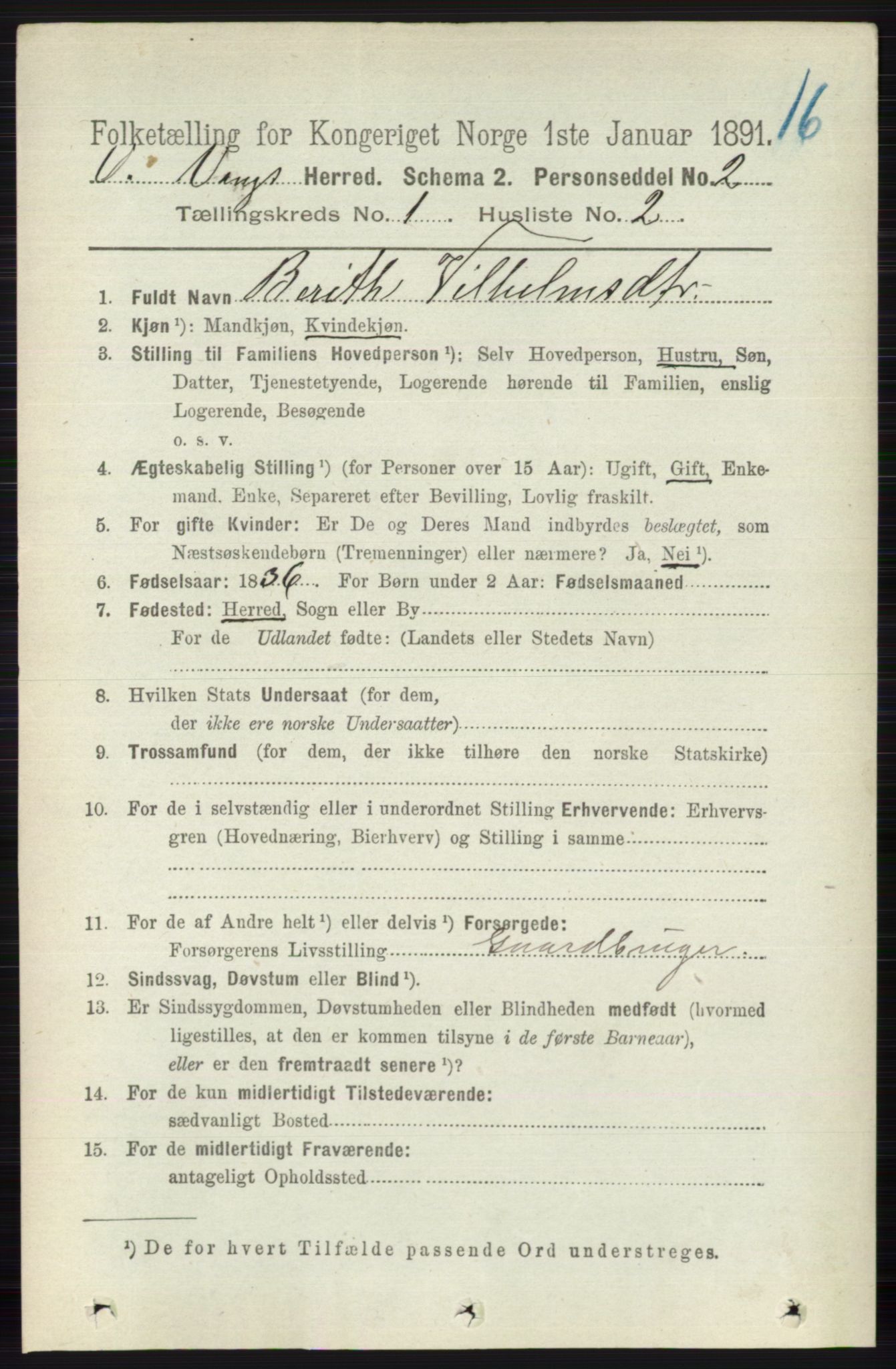 RA, 1891 census for 0545 Vang, 1891, p. 87