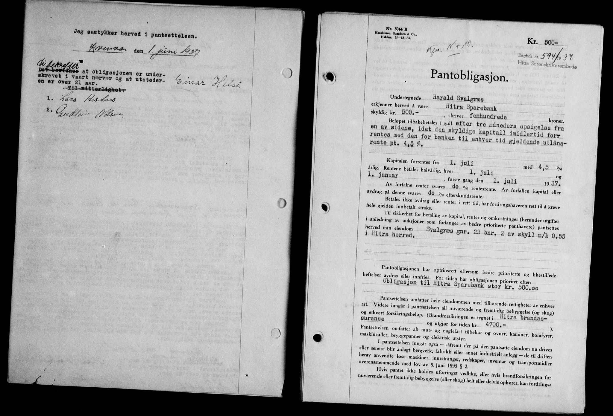 Hitra sorenskriveri, AV/SAT-A-0018/2/2C/2Ca/L0028: Mortgage book no. B-1, 1936-1939, Diary no: : 594/1937