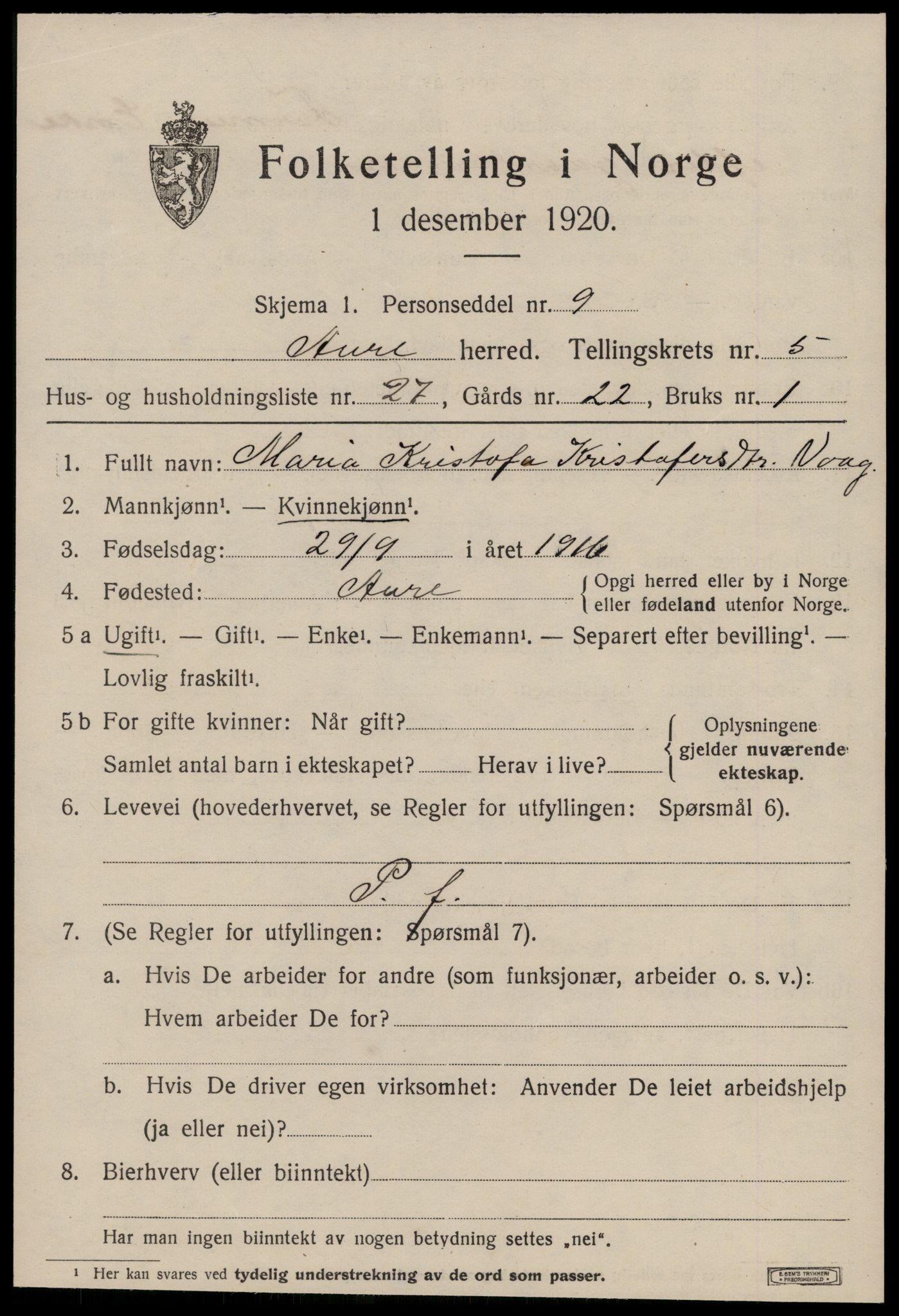 SAT, 1920 census for Aure, 1920, p. 2452