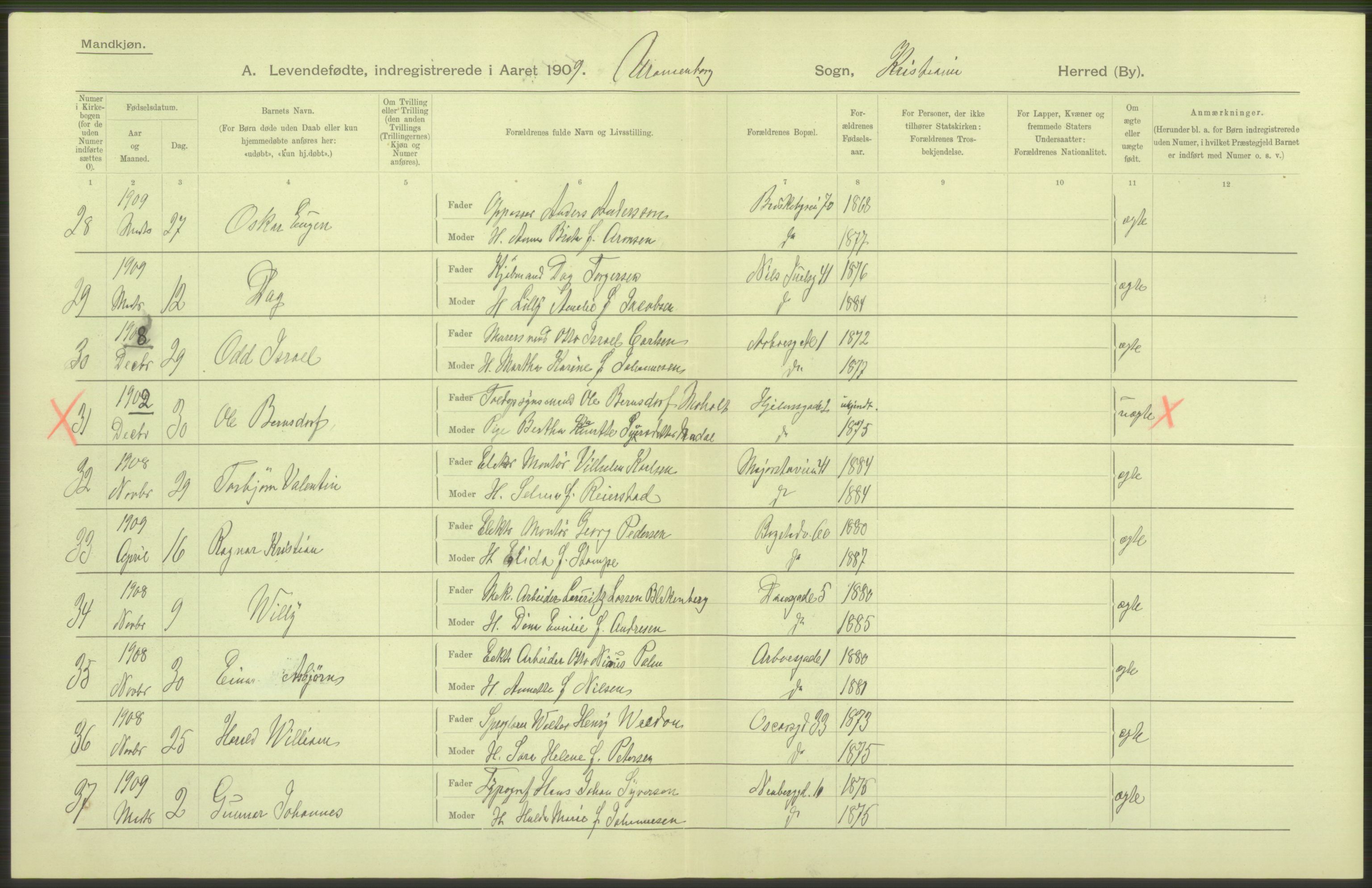 Statistisk sentralbyrå, Sosiodemografiske emner, Befolkning, AV/RA-S-2228/D/Df/Dfa/Dfag/L0007: Kristiania: Levendefødte menn og kvinner., 1909, p. 48