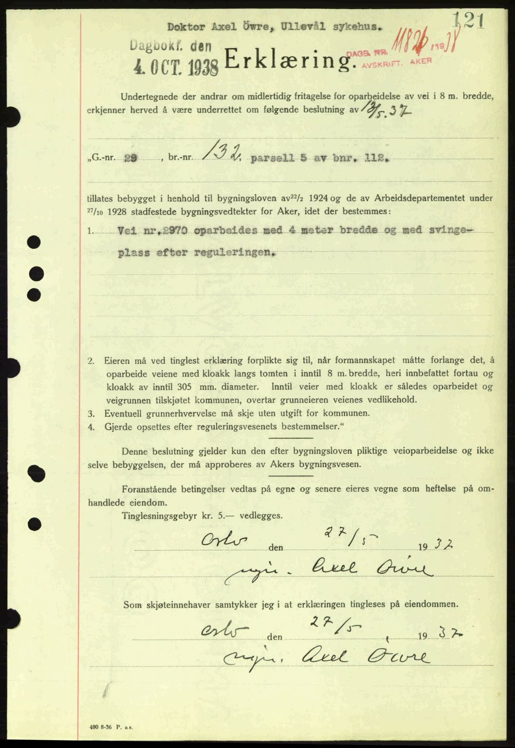 Aker herredsskriveri, SAO/A-10896/G/Gb/Gba/Gbab/L0025: Mortgage book no. A154-155, 1938-1938, Diary no: : 11821/1938