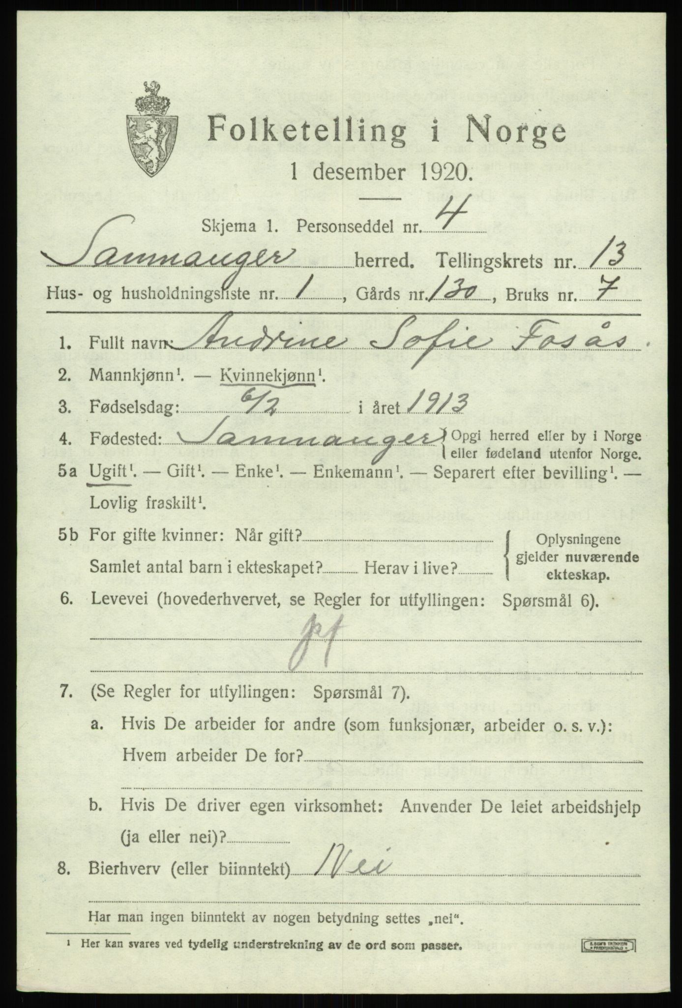 SAB, 1920 census for Samnanger, 1920, p. 5107