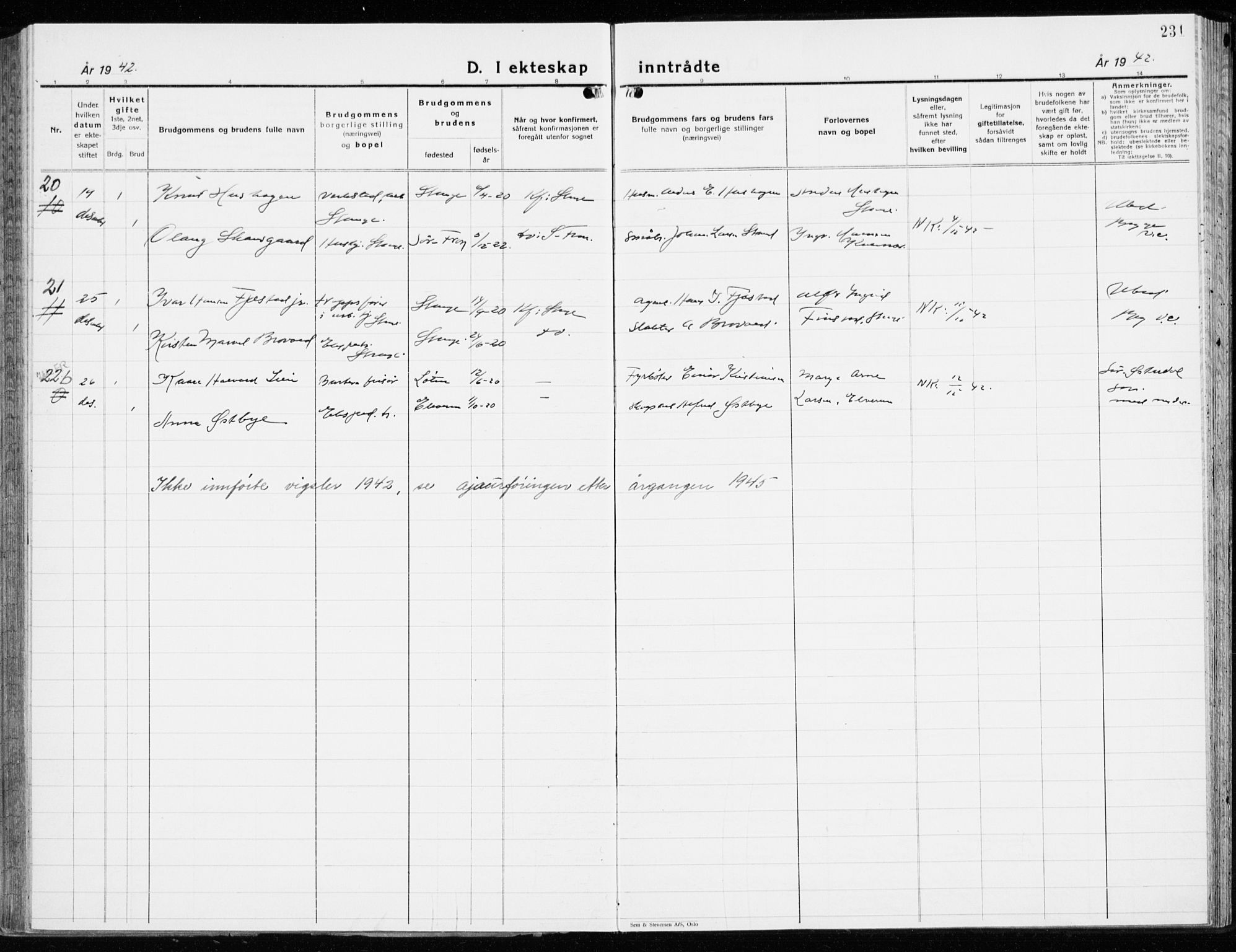 Stange prestekontor, AV/SAH-PREST-002/K/L0027: Parish register (official) no. 27, 1937-1947, p. 231