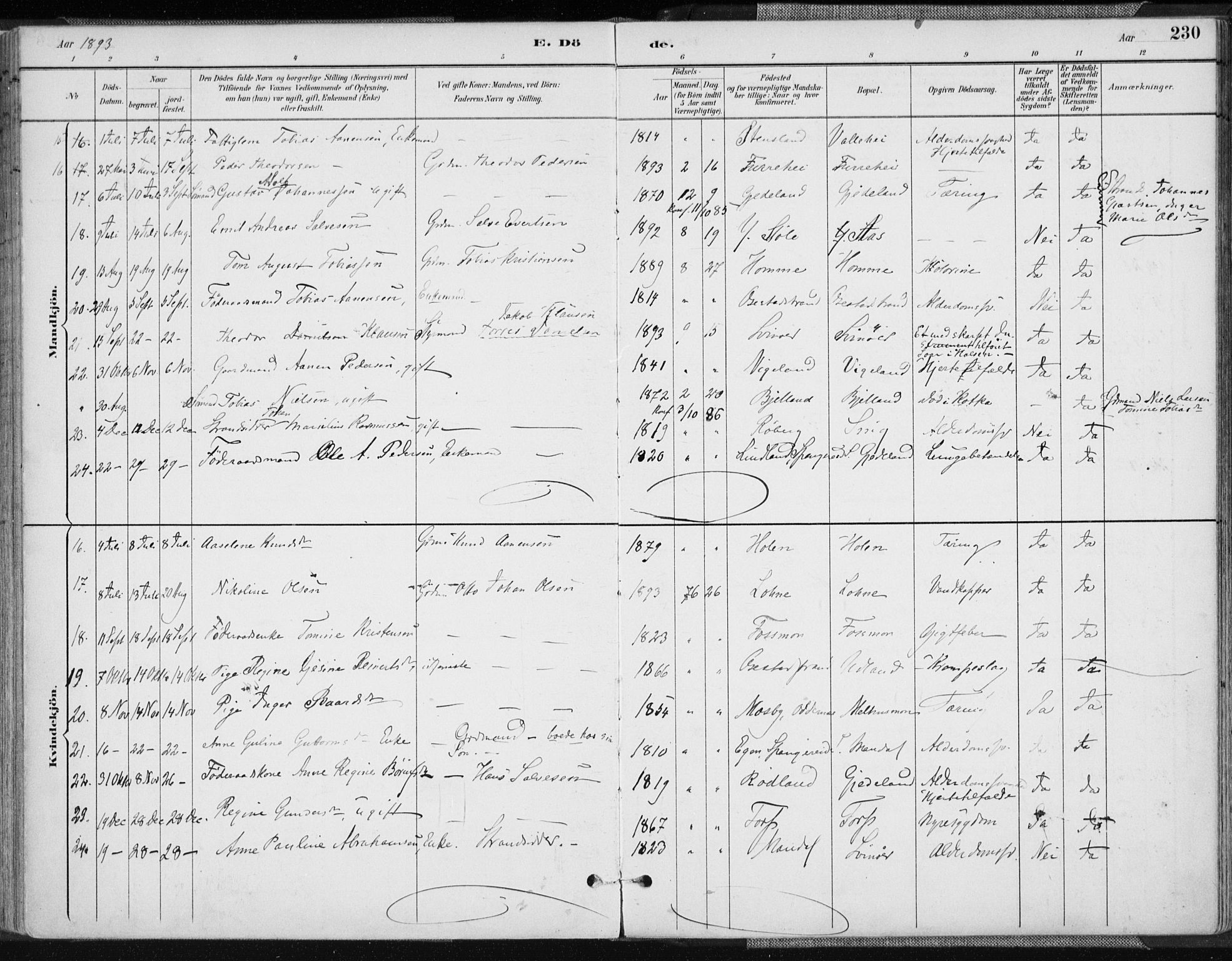 Sør-Audnedal sokneprestkontor, AV/SAK-1111-0039/F/Fa/Fab/L0010: Parish register (official) no. A 10, 1892-1913, p. 230