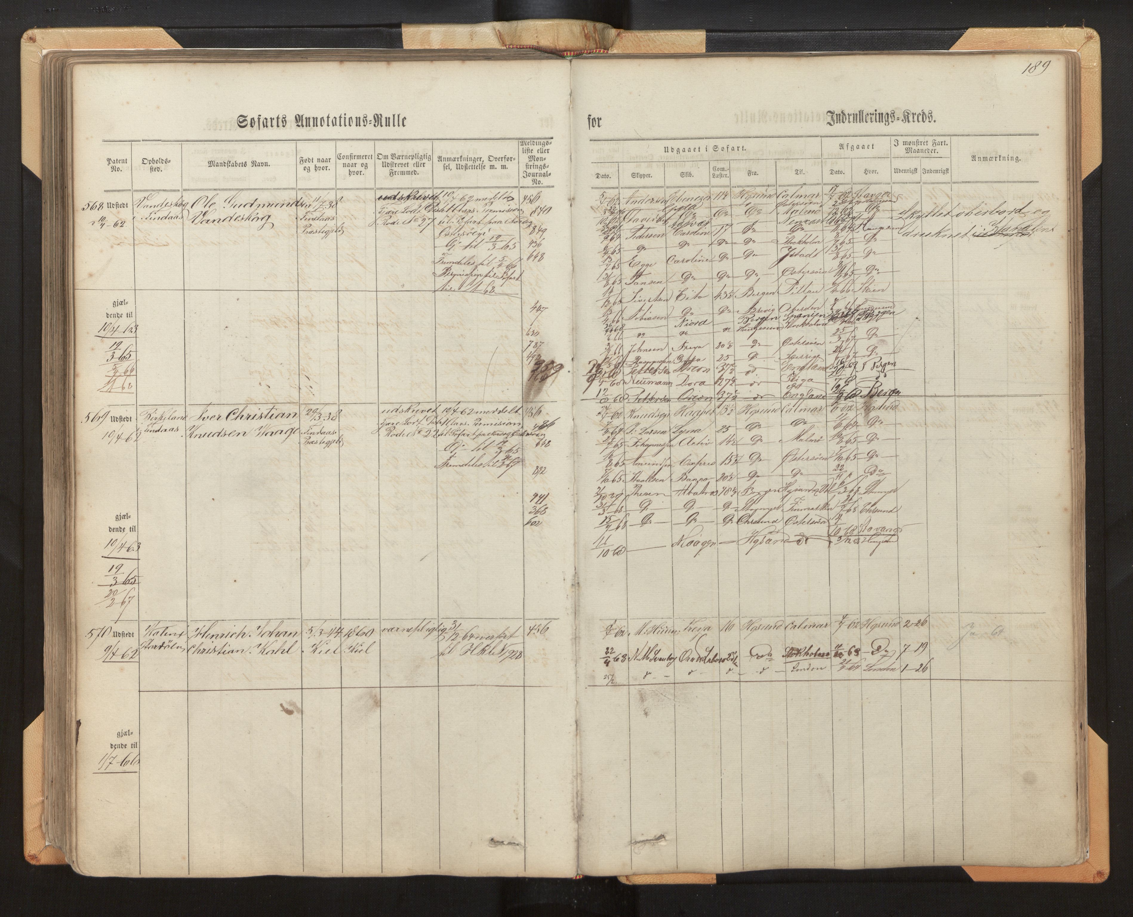 Innrulleringssjefen i Bergen, AV/SAB-A-100050/F/Fh/L0005: Sjøfarts- og annotasjonsrulle for Bergen krets, fol. 1 - 238, 1860-1867, p. 189