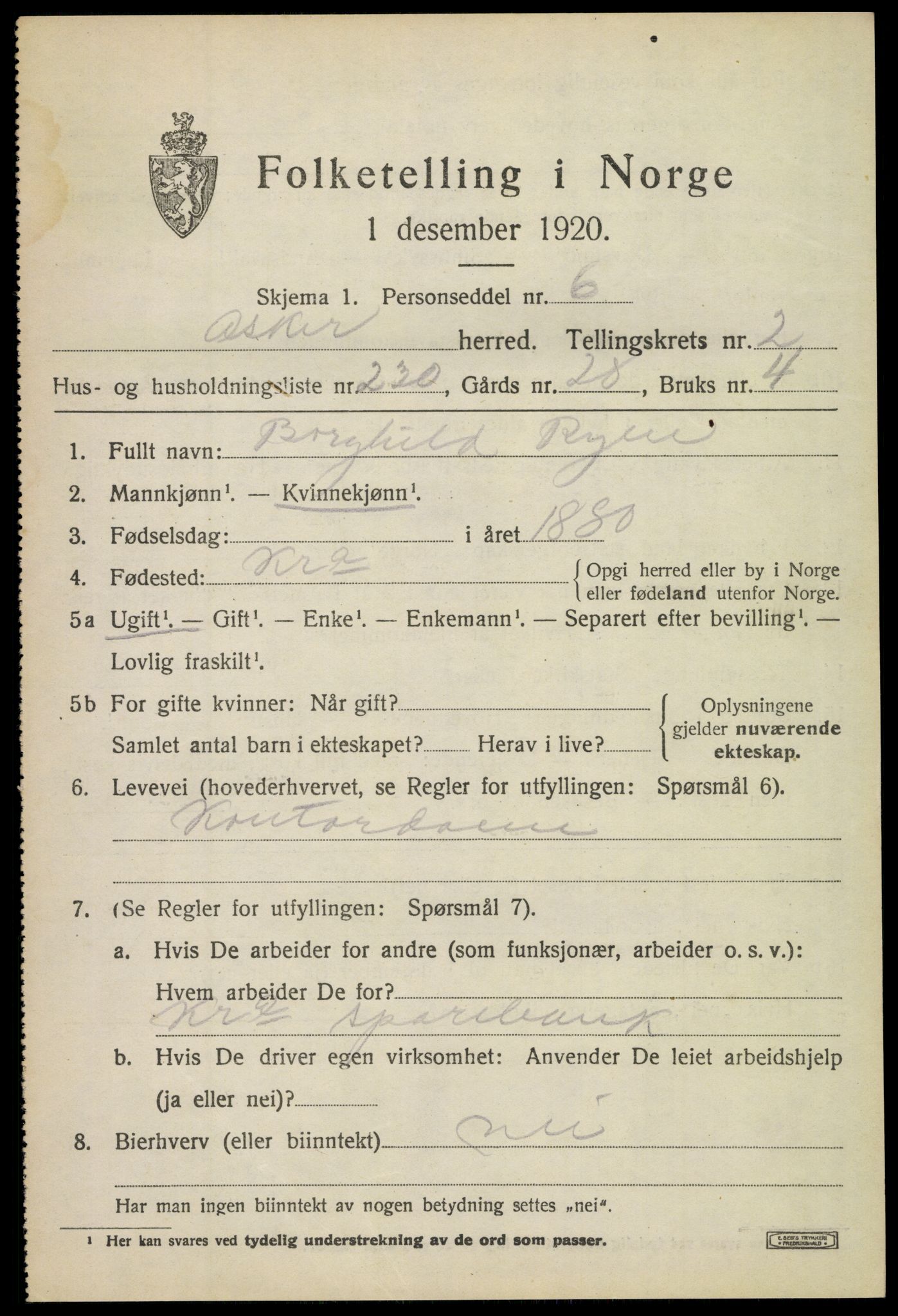 SAO, 1920 census for Asker, 1920, p. 8166